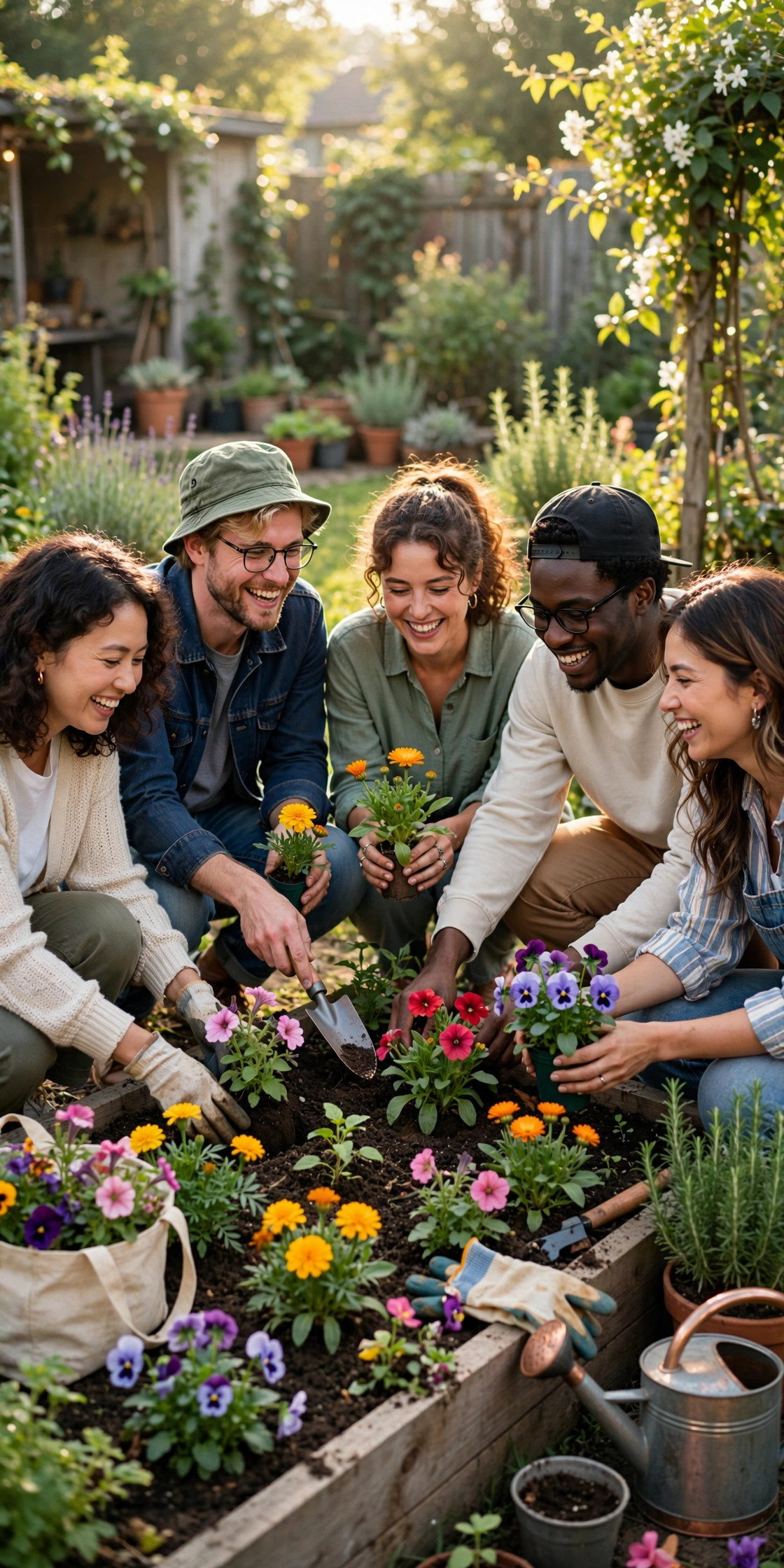 Friends planting flowers together in a sunny garden, birthday garden makeover gift