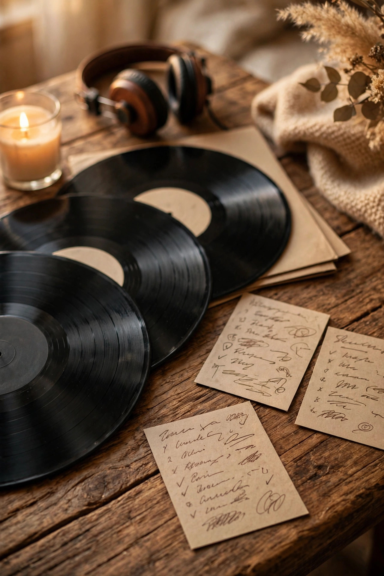 Vinyl records and handwritten playlist cards, decades of music birthday gift
