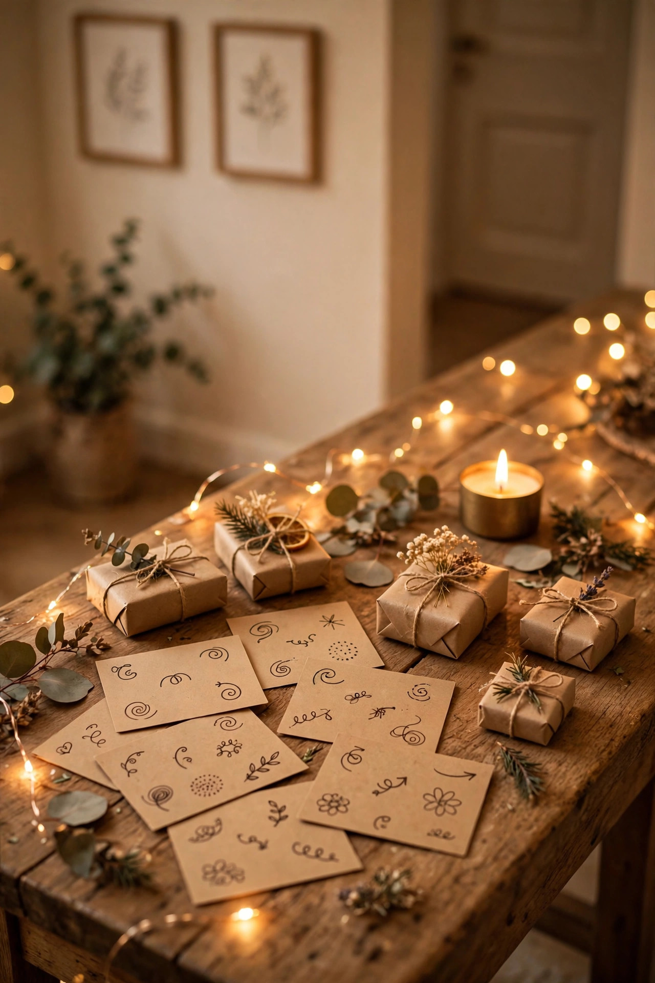 Handwritten clue cards and small gifts arranged for a scavenger hunt at home