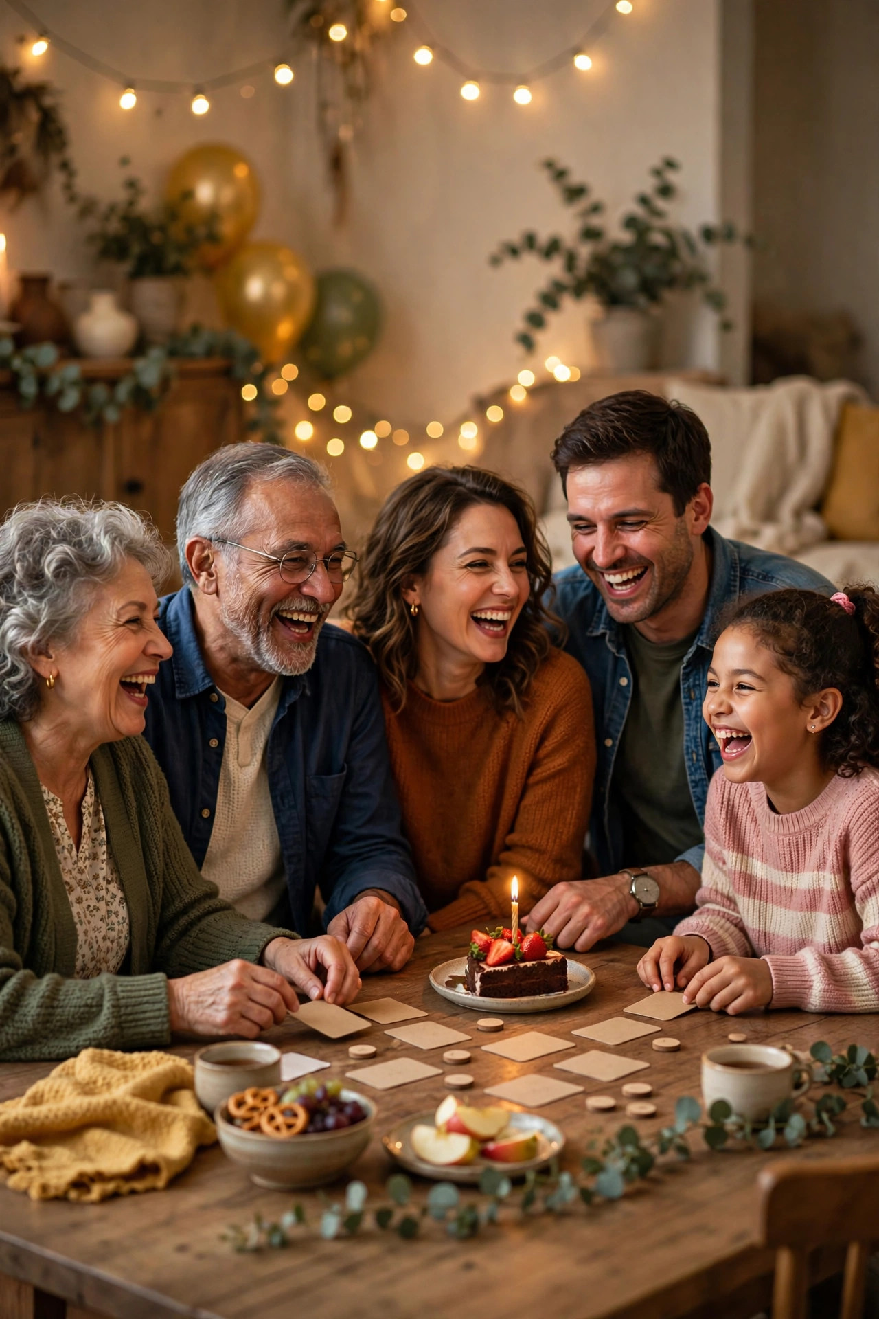 Family gathered laughing around a table playing a quiz game at a birthday party