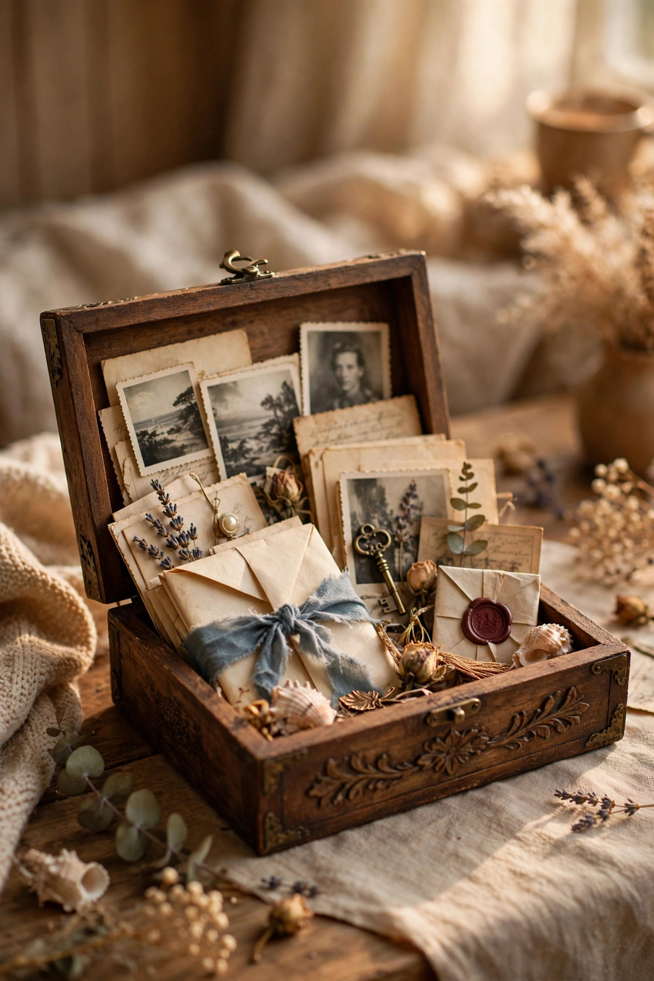 Decorative time capsule box with letters and mementos, milestone birthday gift idea