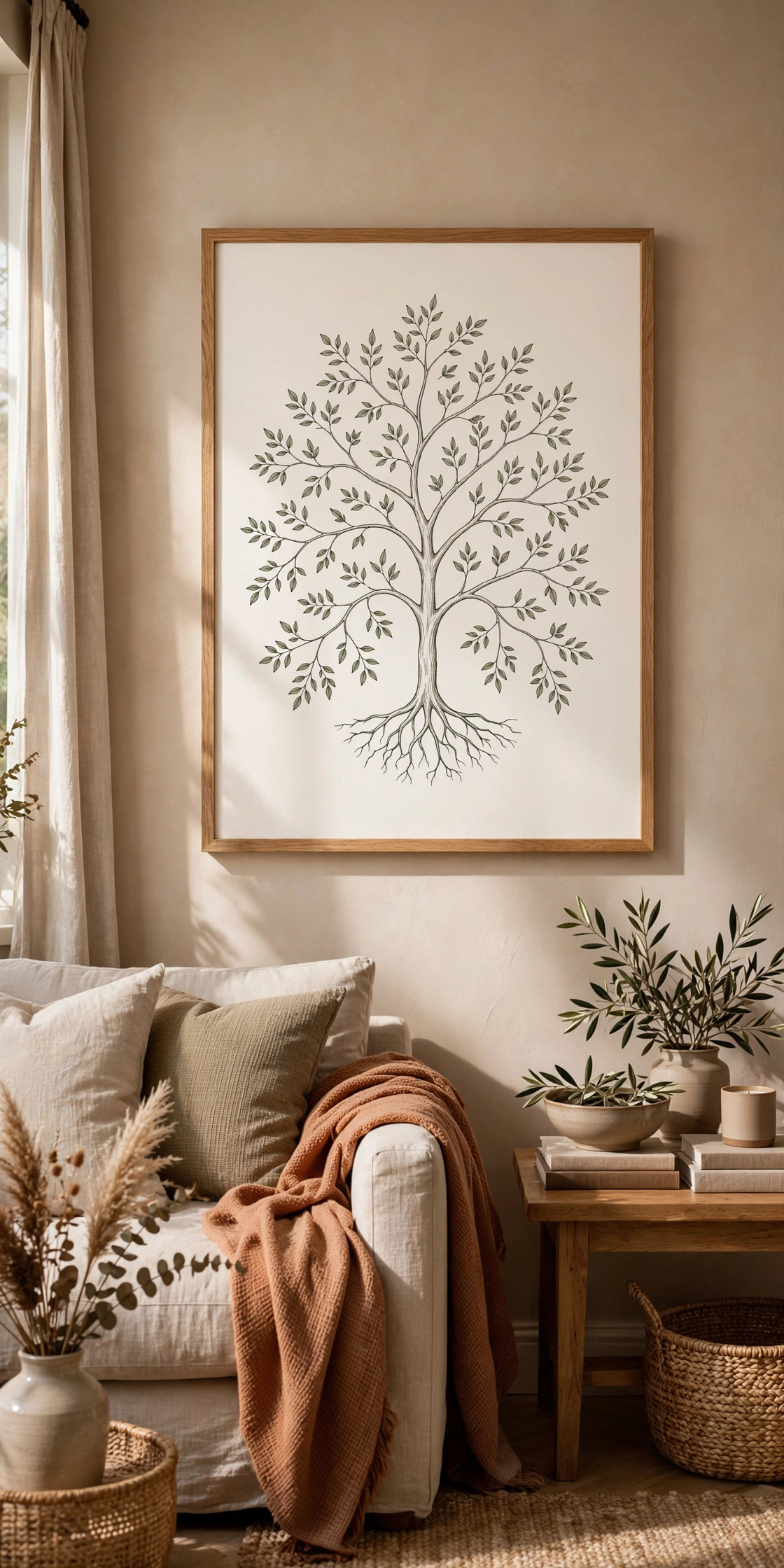 Elegant framed family tree artwork on a living room wall, personalized keepsake gift