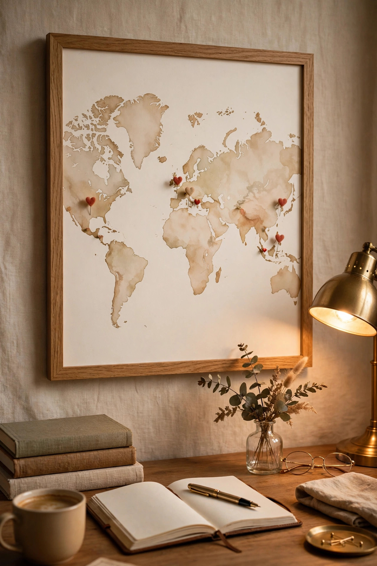 Framed custom map with marked meaningful locations, personalized milestone gift
