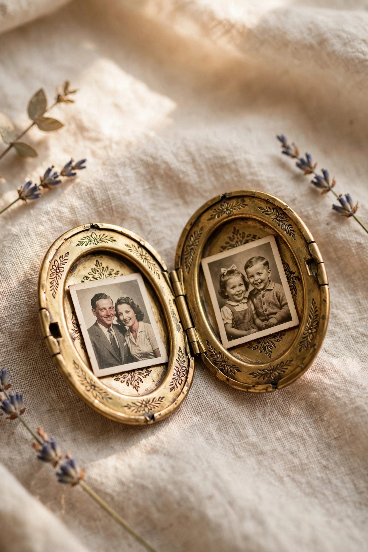 Open vintage locket with tiny family photos inside, heirloom 60th birthday gift