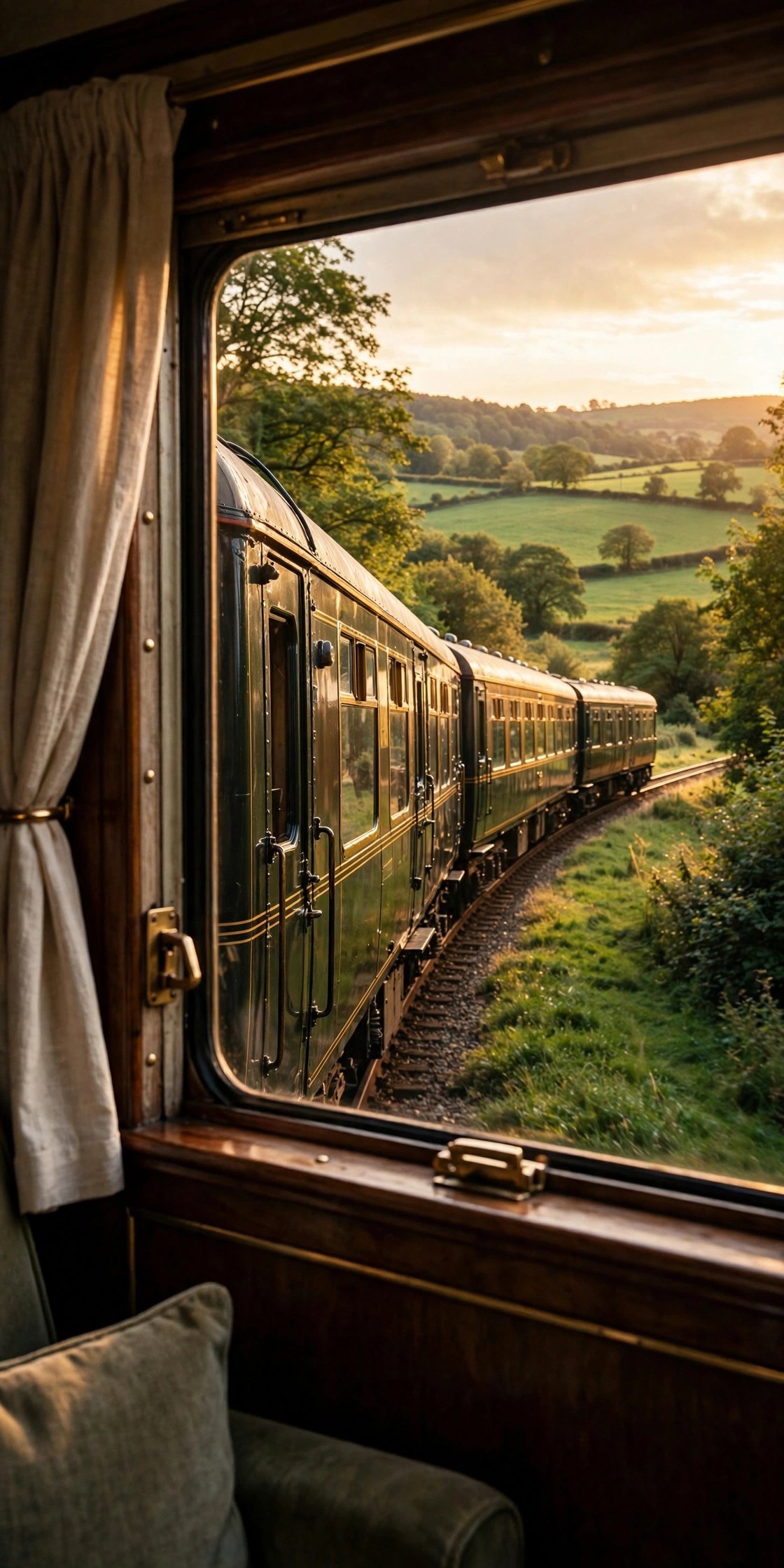 Luxury train traveling through beautiful countryside, scenic birthday journey gift