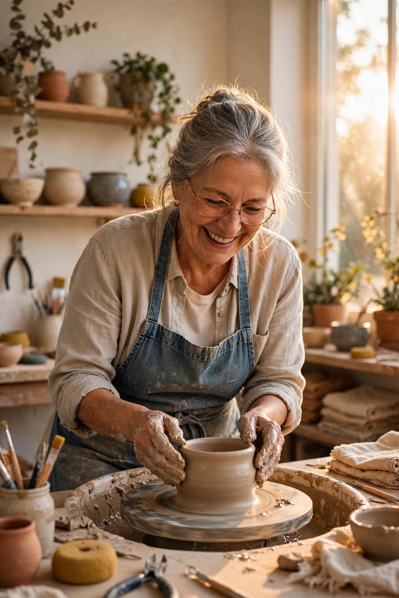 Woman trying pottery for the first time in a bright art studio, birthday experience gift