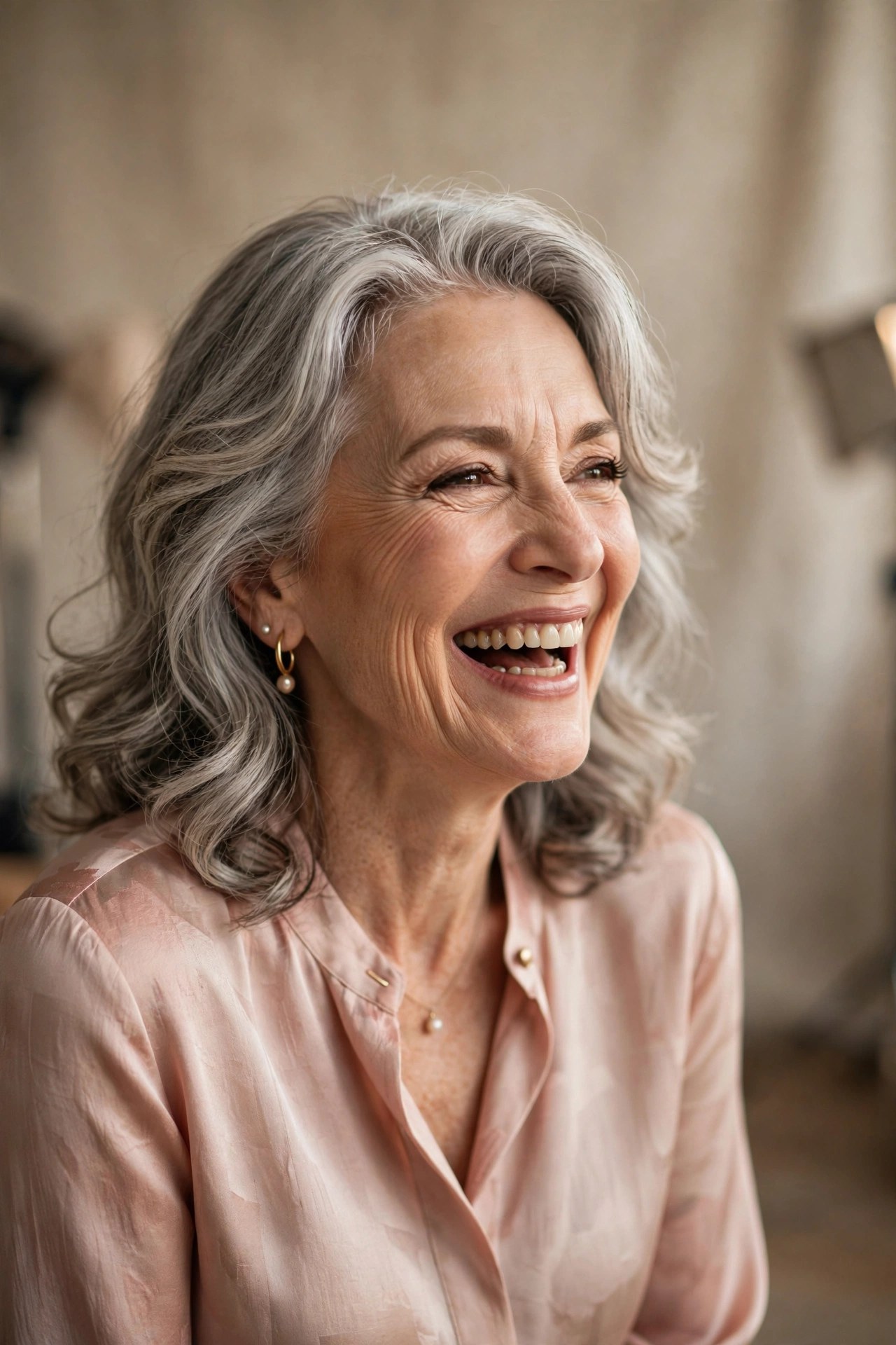 Elegant older woman being photographed in a studio portrait session, glamorous birthday gift