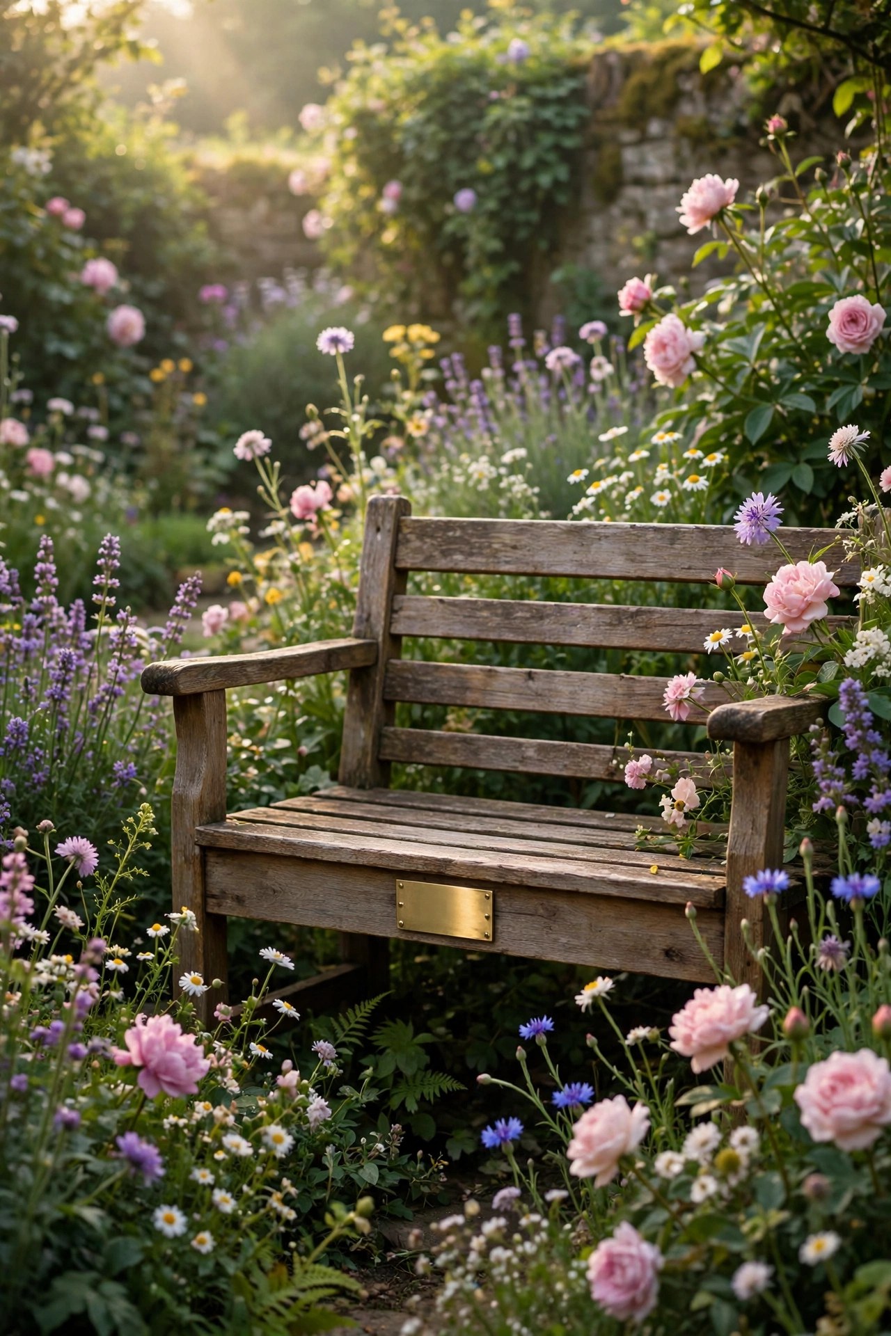 Wooden garden bench with small brass plaque in a blooming garden, milestone birthday gift