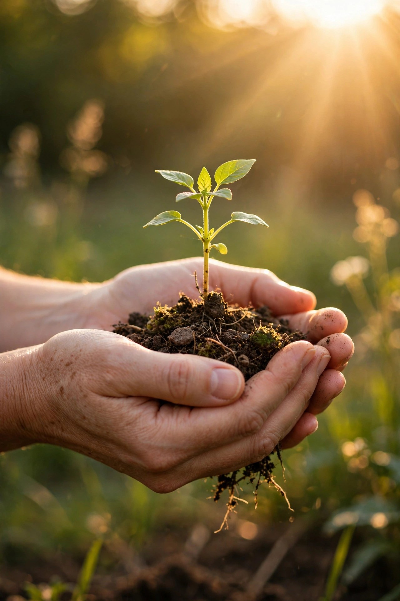 Hands holding a seedling in sunlight, symbolic of charity donation gift in her honor