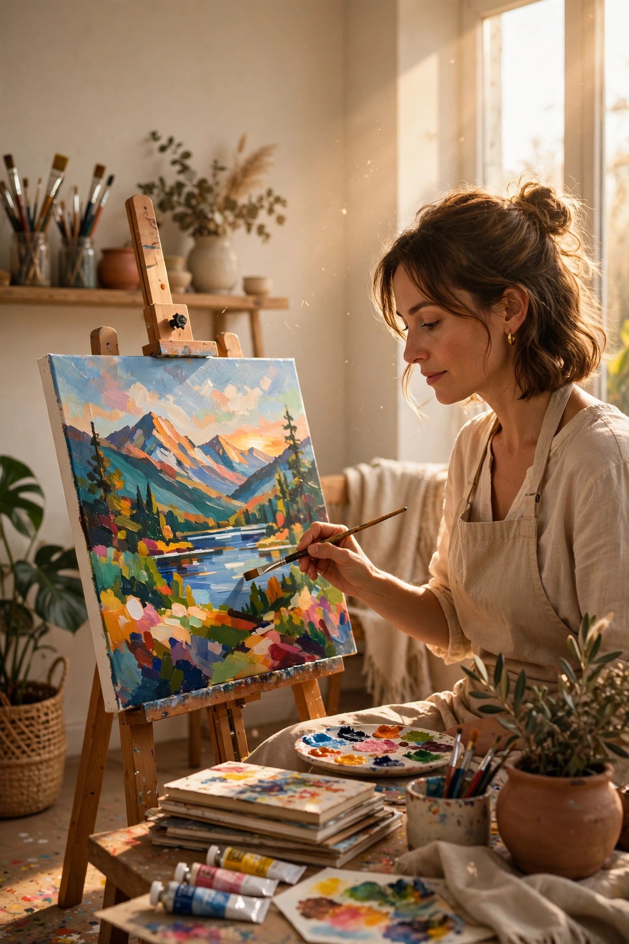 Artist painting a landscape in a bright studio, commissioned art birthday gift