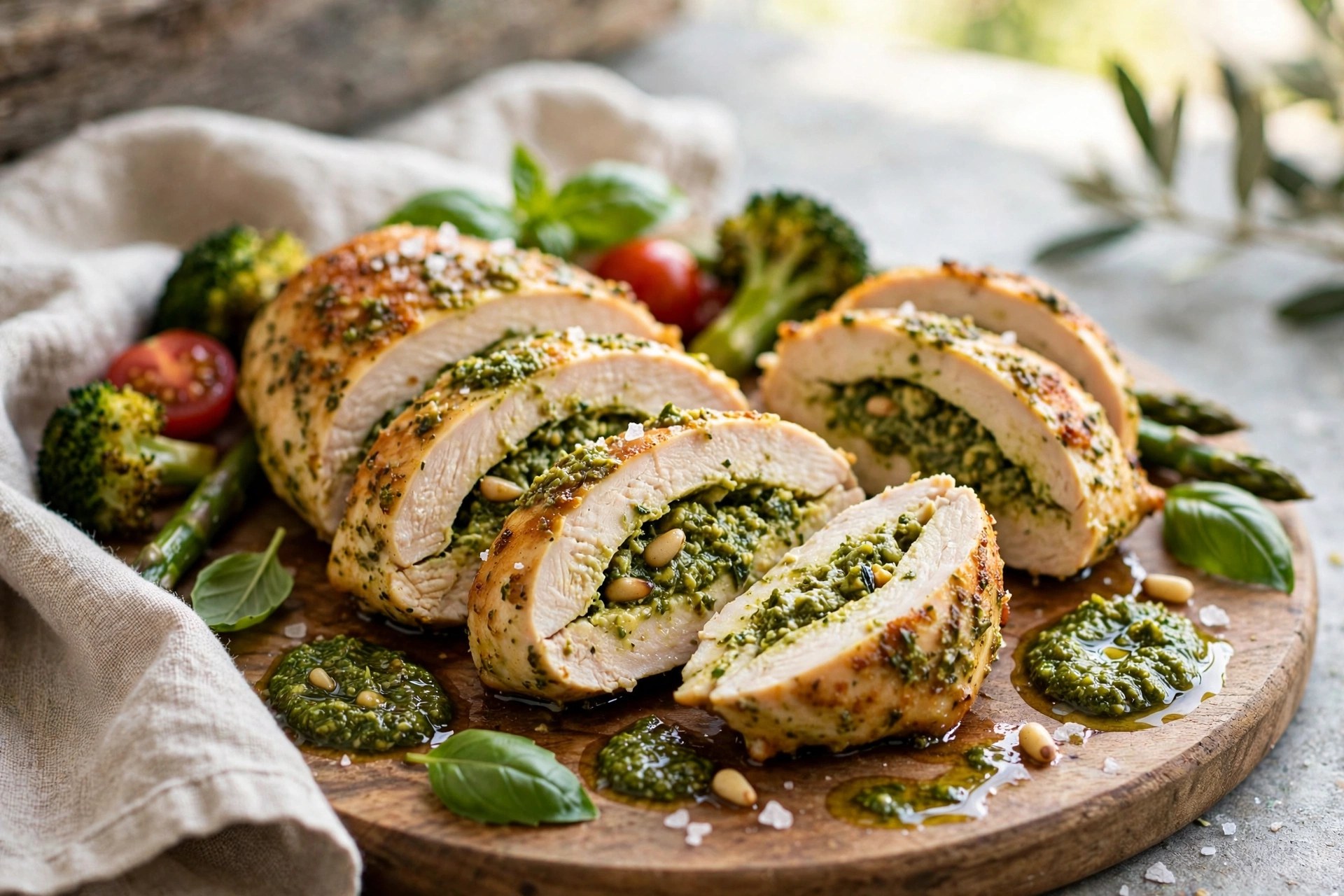 Pesto-stuffed chicken breast sliced