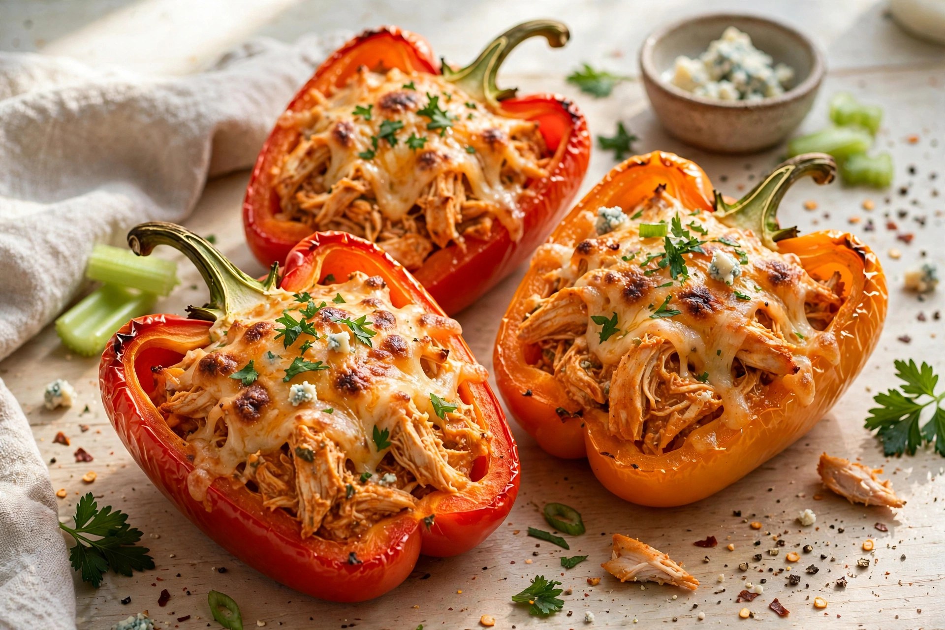 Buffalo chicken stuffed peppers with cheese