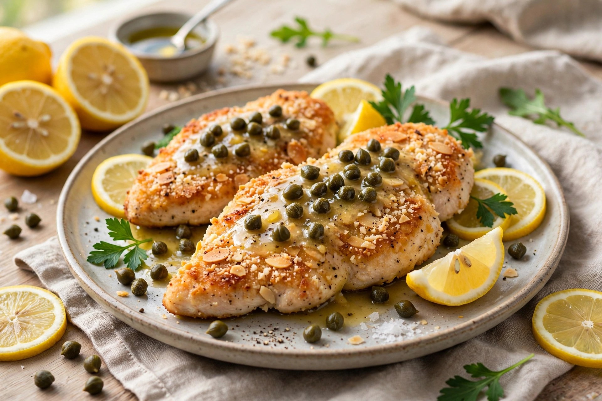 Chicken piccata with almond flour crust lemon and capers
