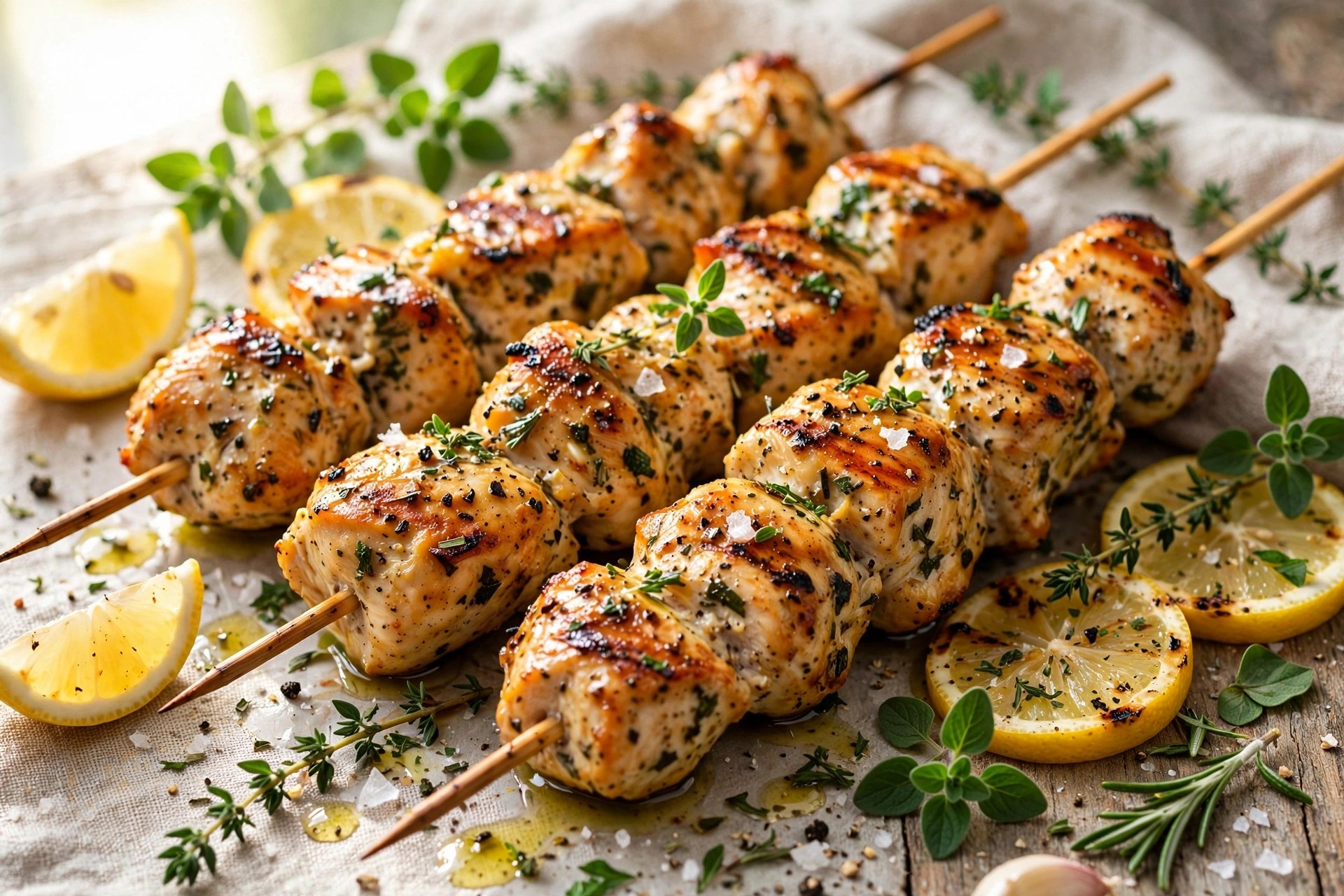Greek lemon chicken skewers grilled
