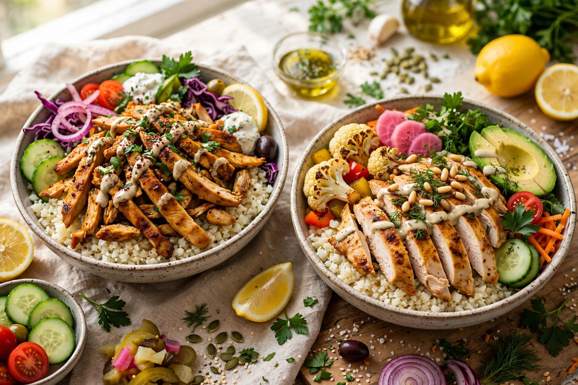 Chicken shawarma bowls with cauliflower rice