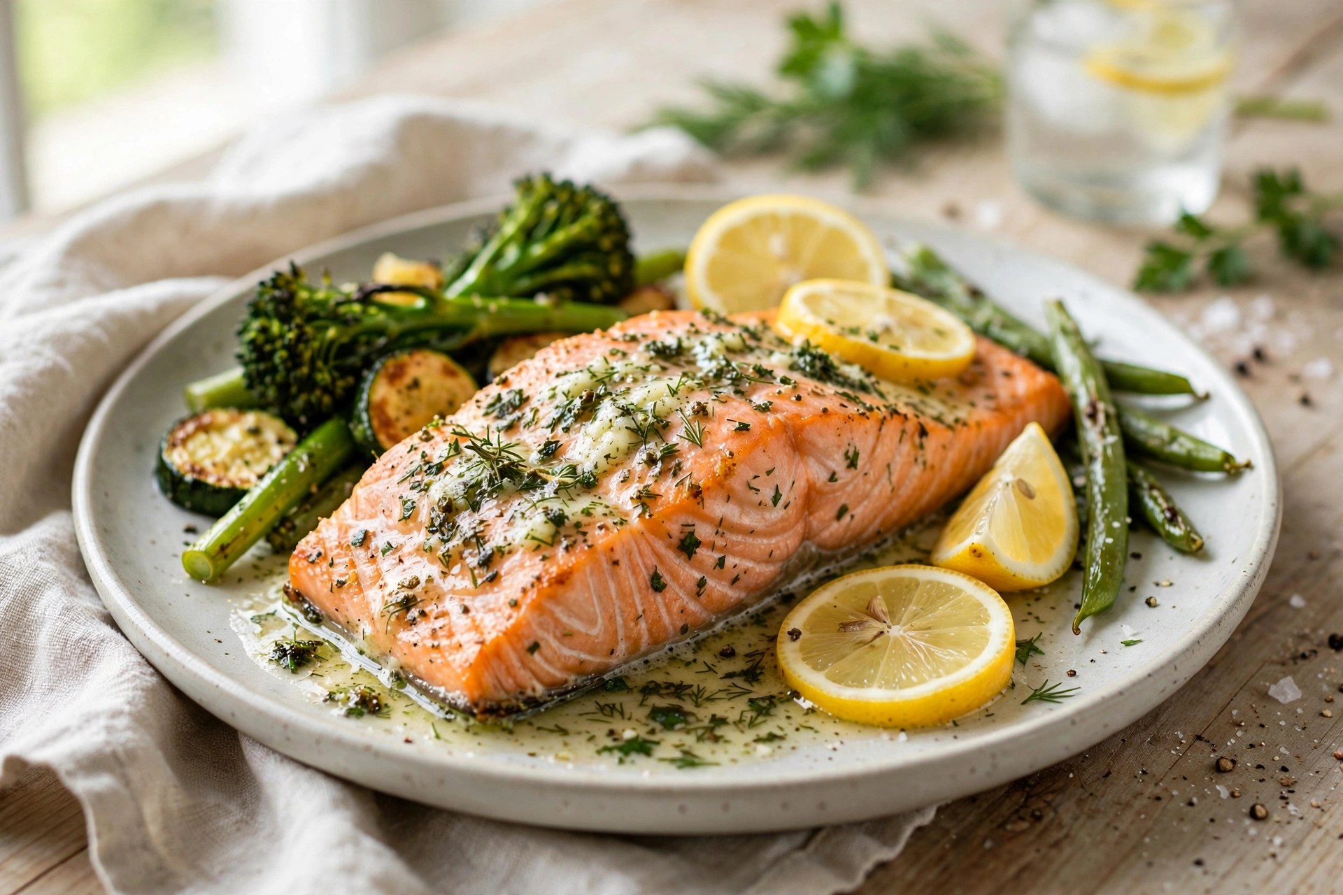 Baked salmon with herb butter and lemon