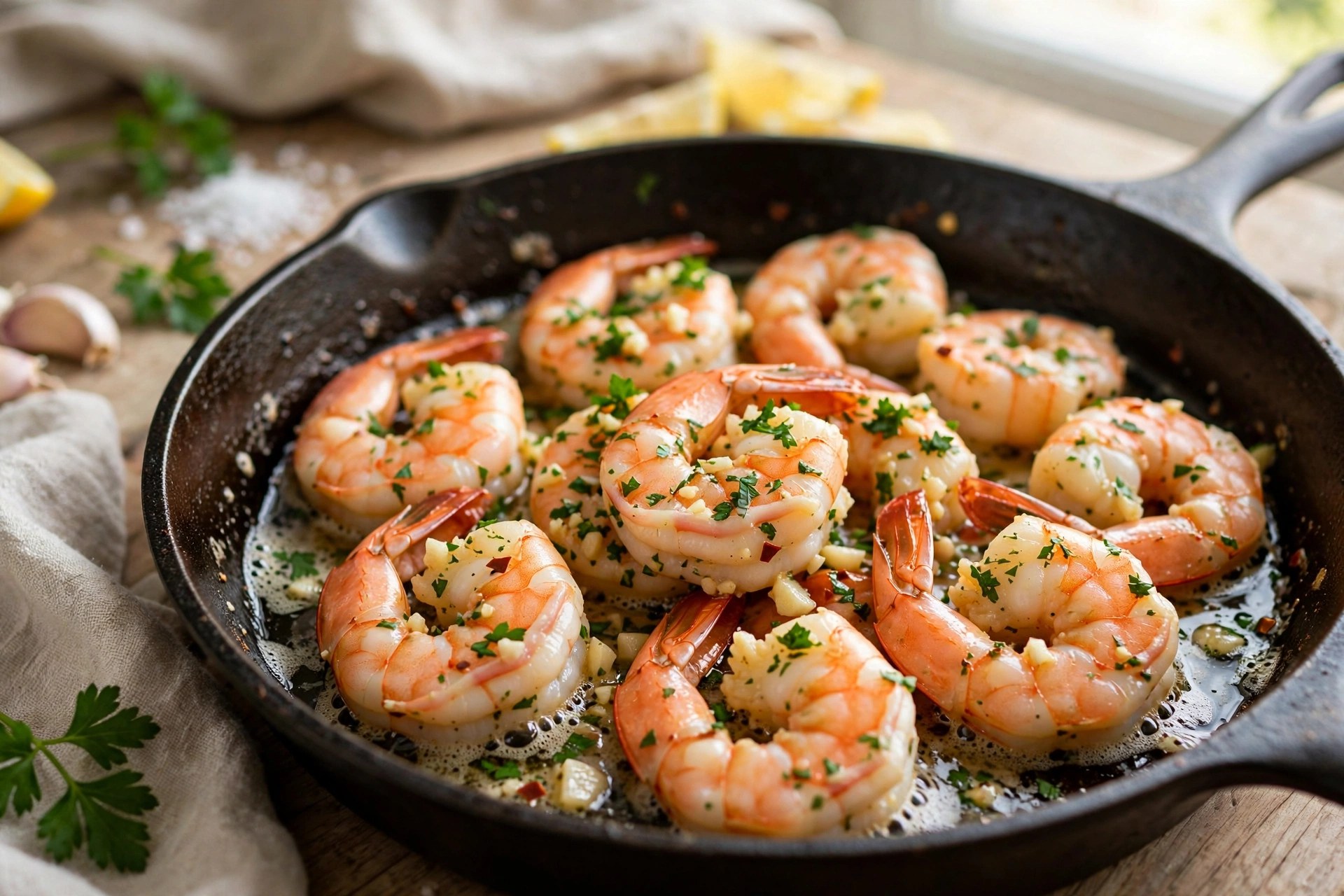 Garlic butter shrimp in a skillet