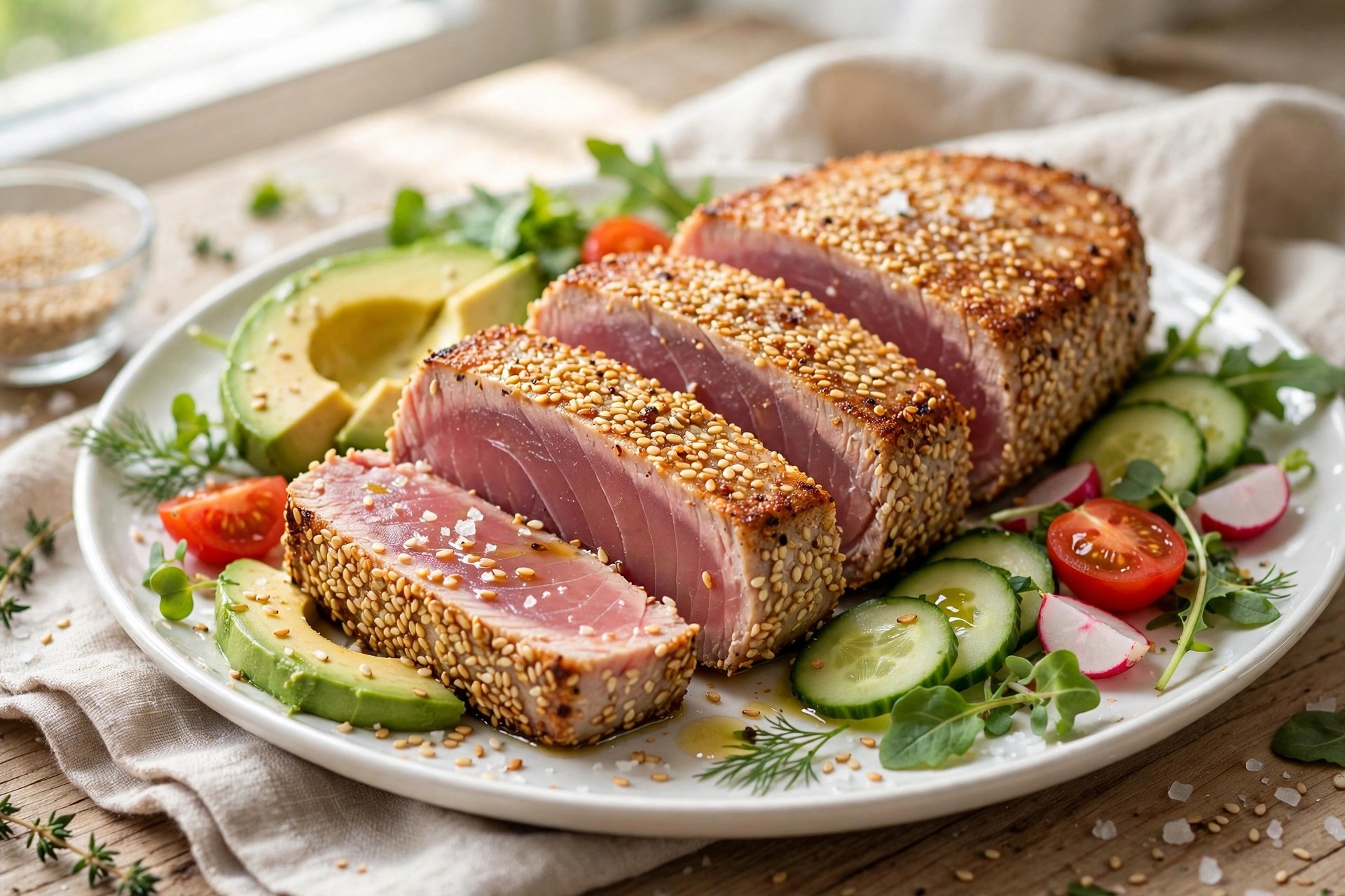 Seared tuna steaks with sesame crust
