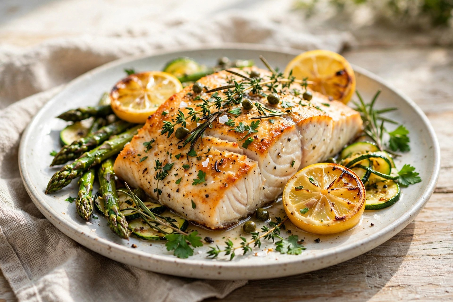 Baked halibut with lemon and herbs