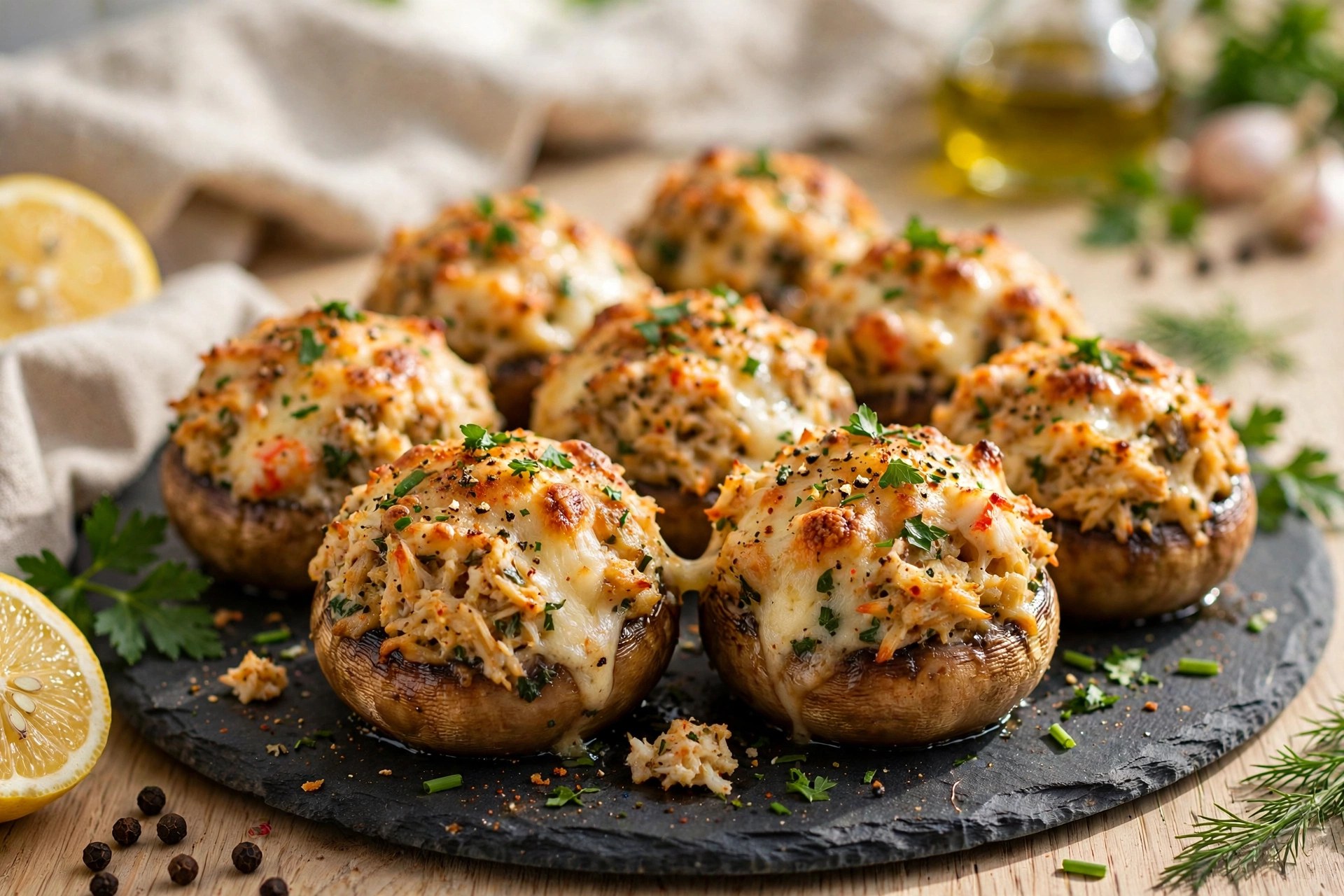 Crab-stuffed mushrooms baked with cheese