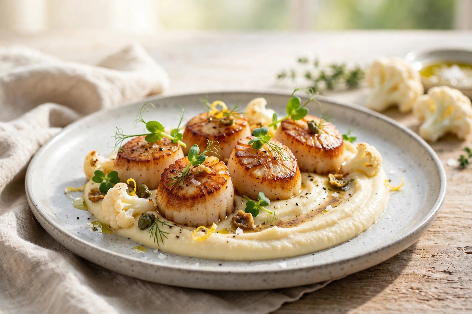 Seared scallops with cauliflower purée