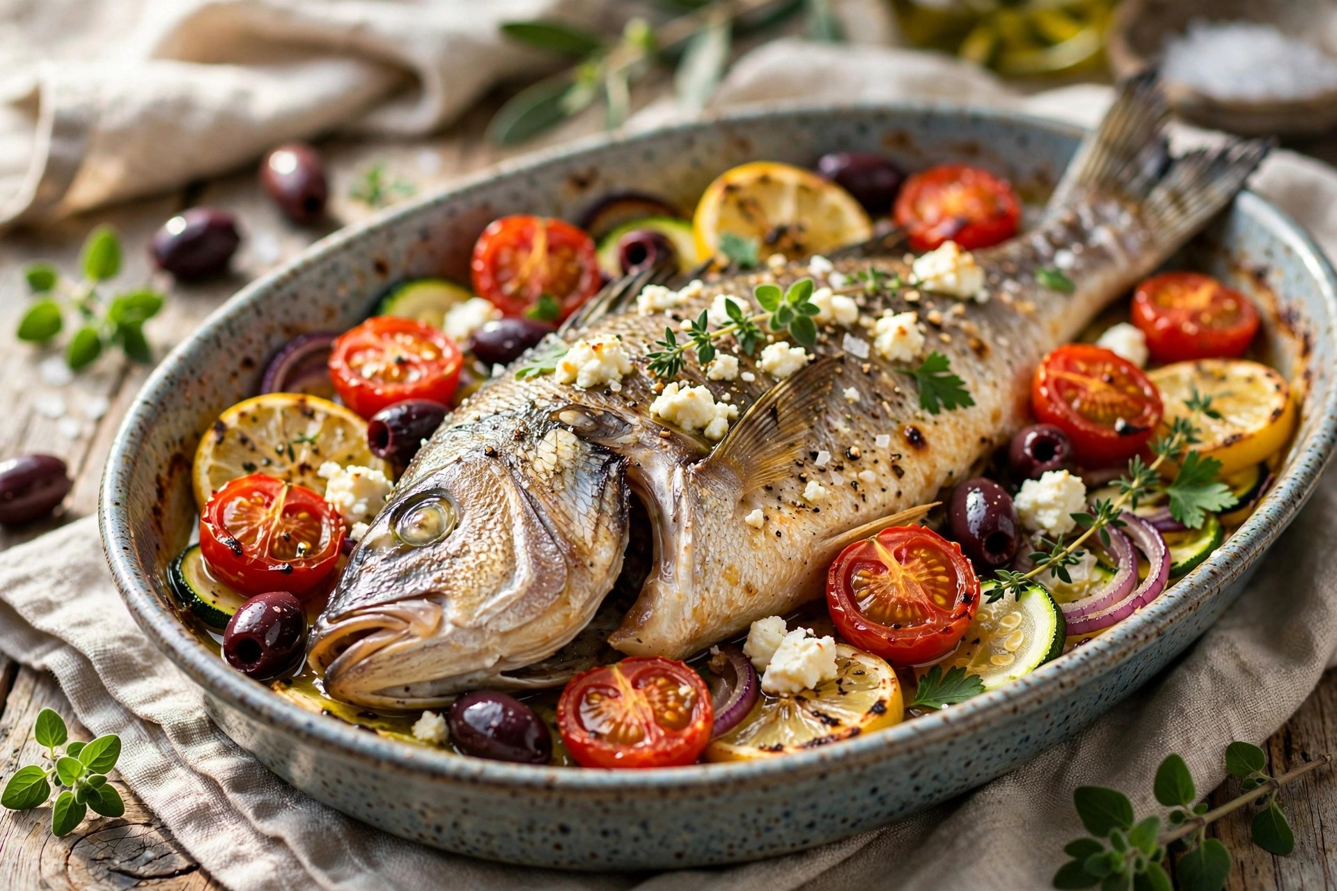 Mediterranean baked fish with tomatoes and olives
