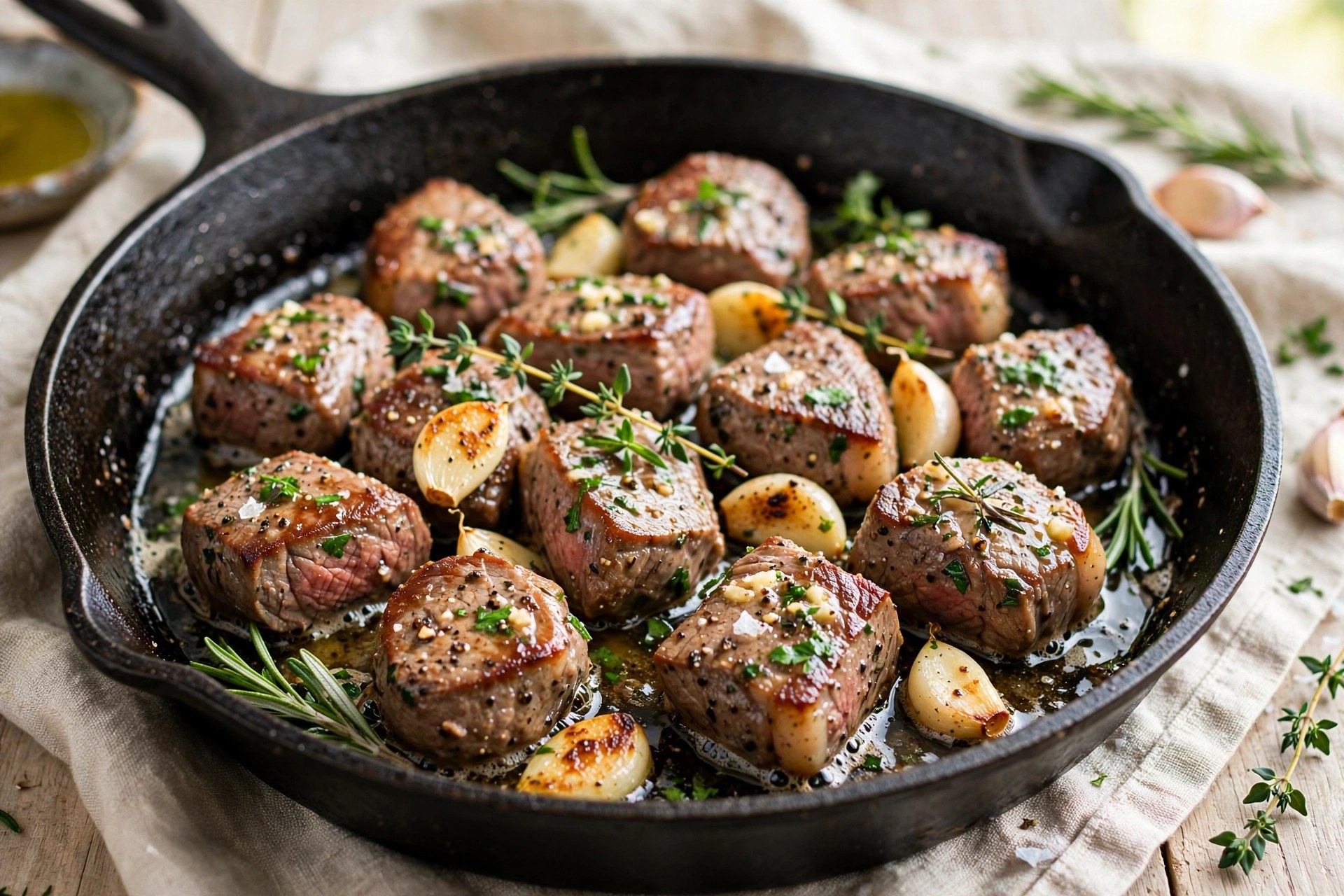 Garlic butter steak bites in a skillet