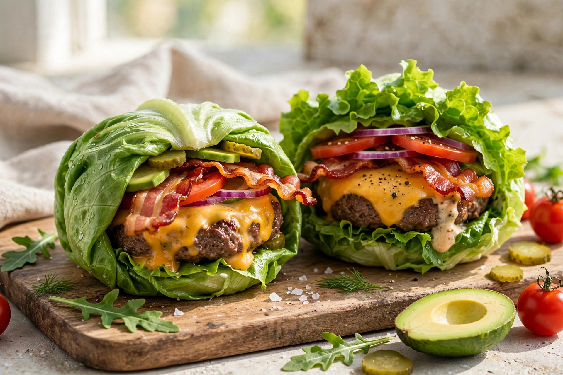 Bunless bacon cheeseburgers in lettuce wraps