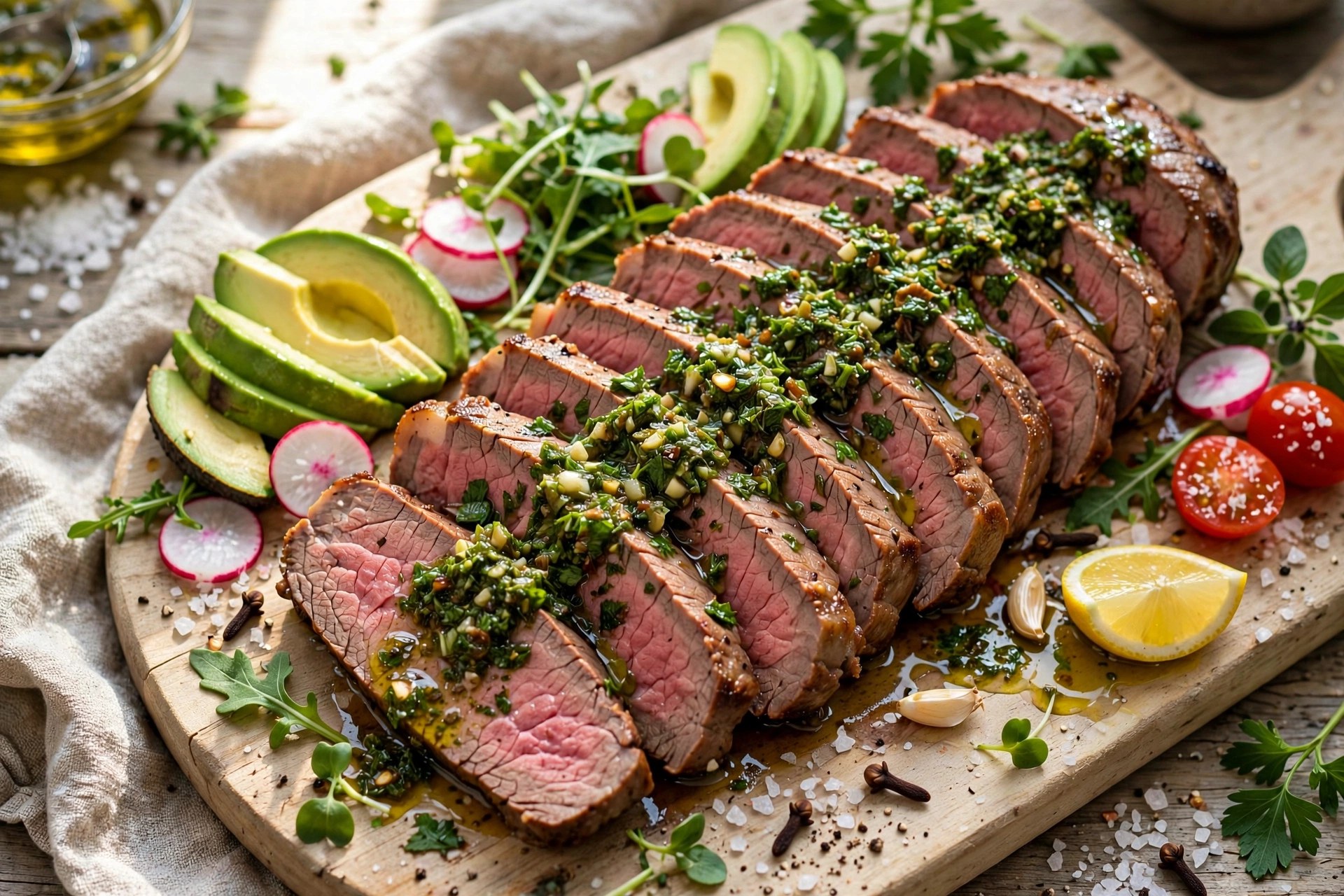 Flank steak with chimichurri sliced