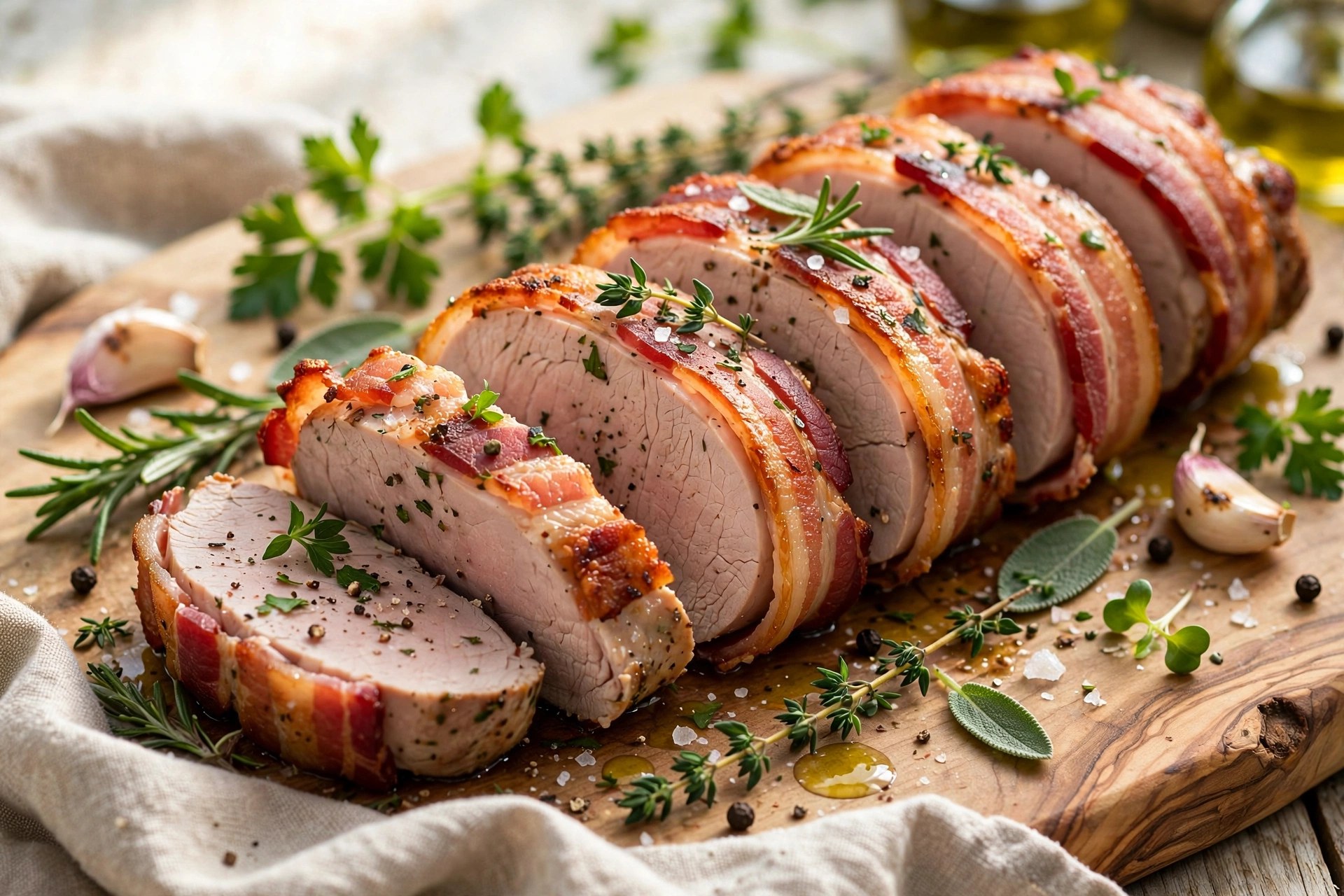Bacon-wrapped pork tenderloin sliced