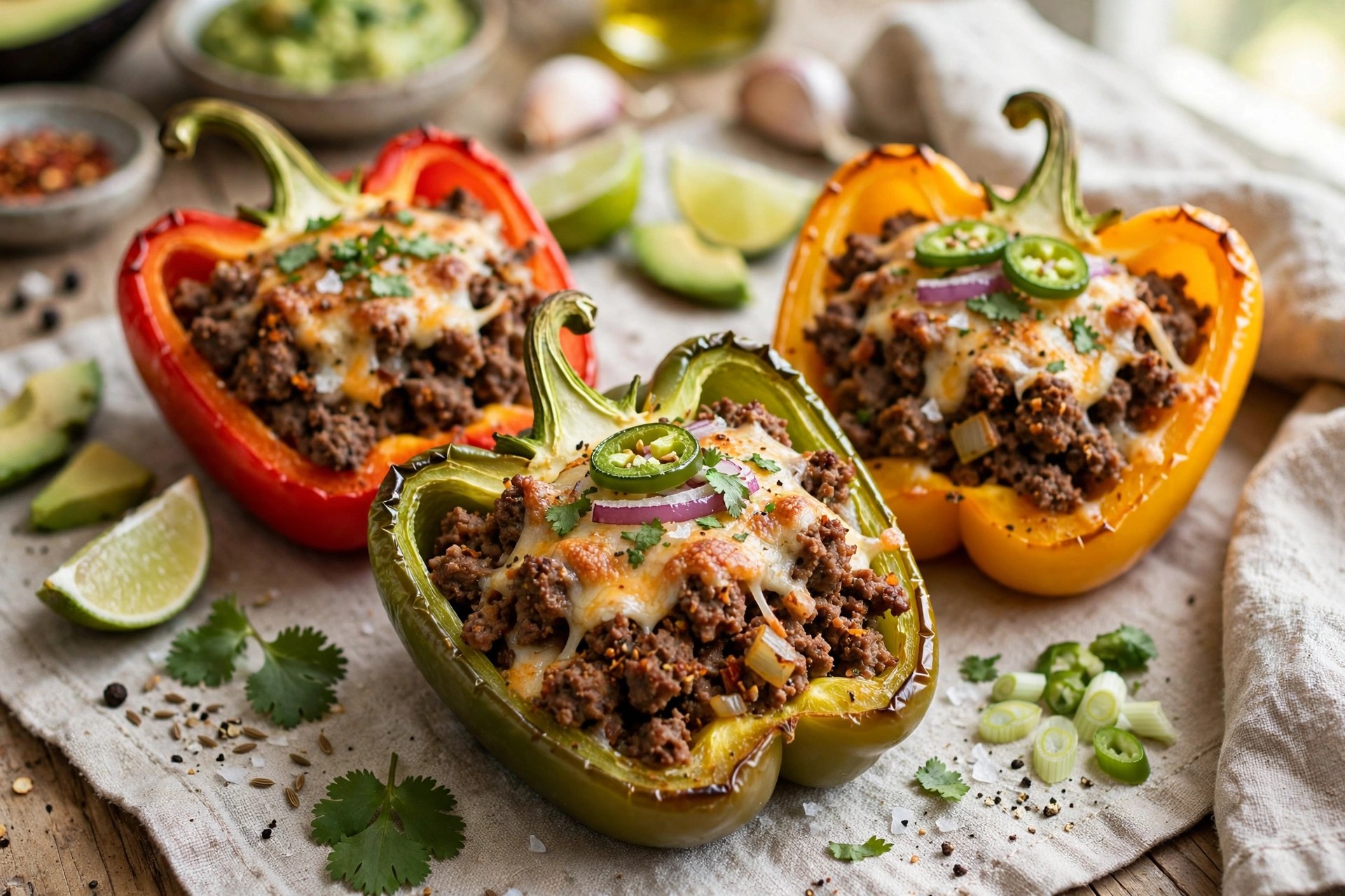 Taco-stuffed peppers with beef and cheese