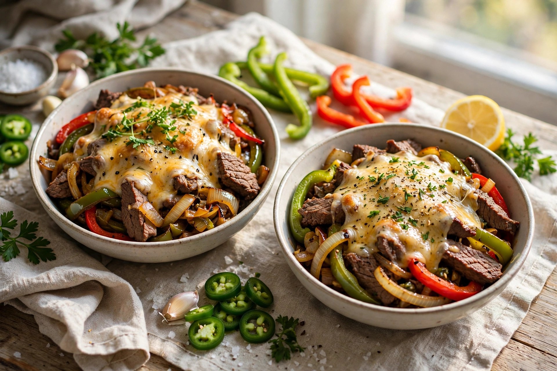 Philly cheesesteak bowls with peppers and cheese