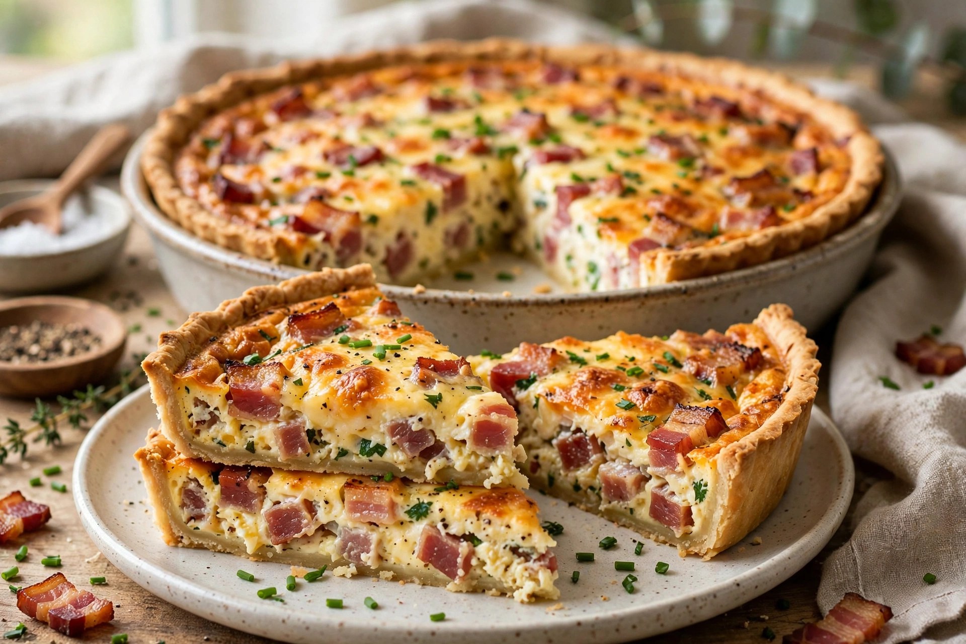 Crustless quiche lorraine sliced