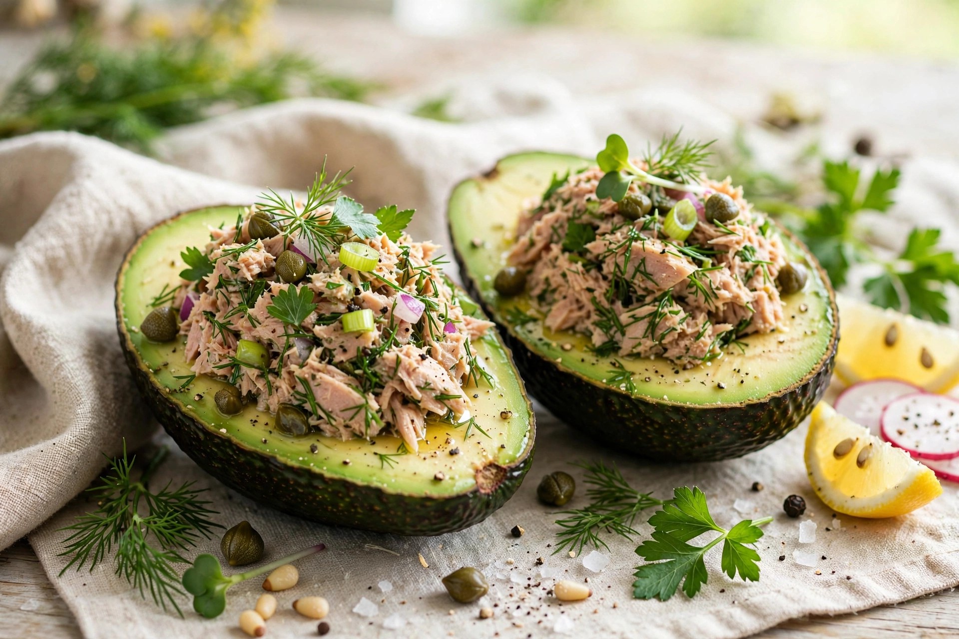 Tuna-stuffed avocados with herbs