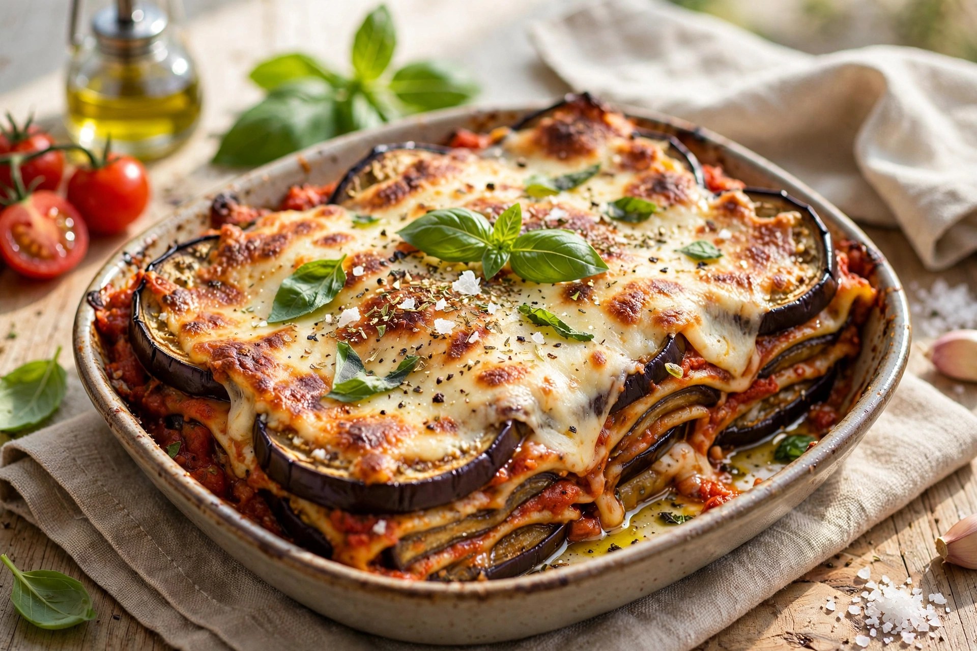 Eggplant lasagna layered with cheese