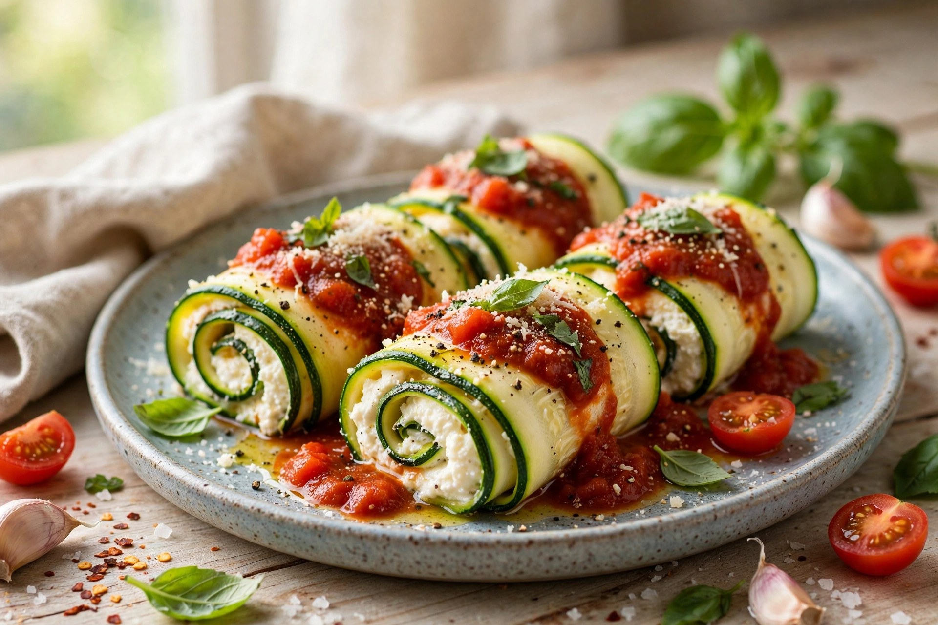 Zucchini lasagna roll-ups with ricotta
