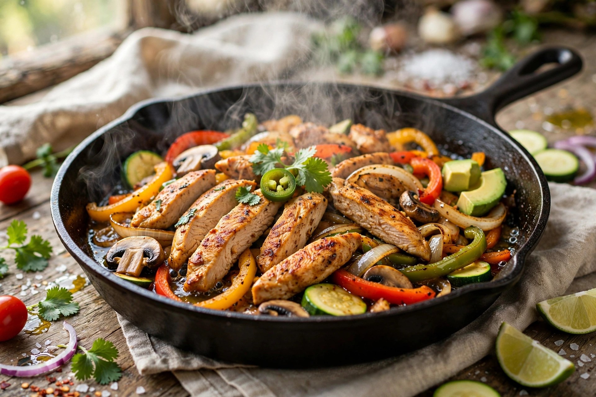 Chicken and veggie fajita skillet sizzling