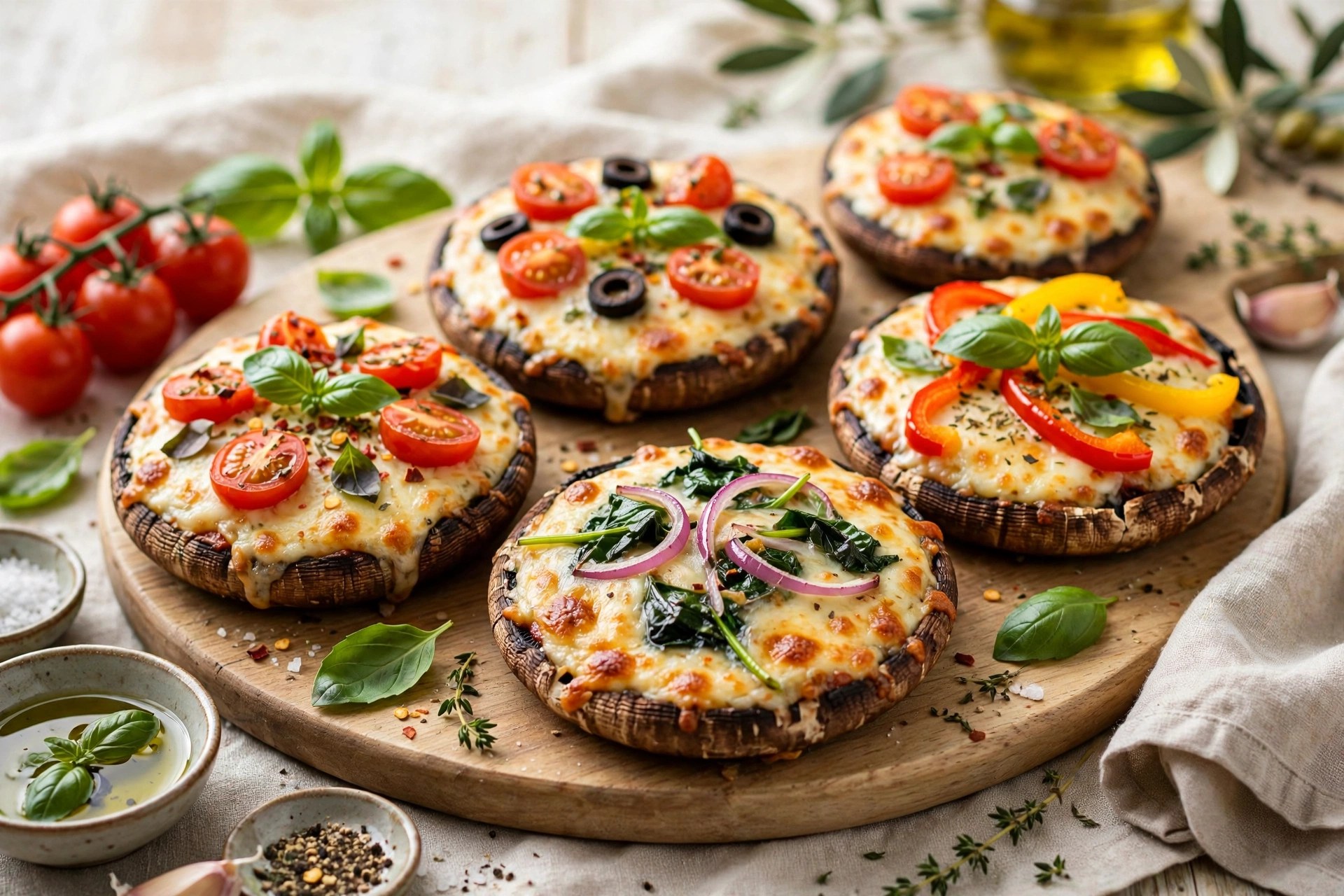 Portobello pizzas with cheese and toppings