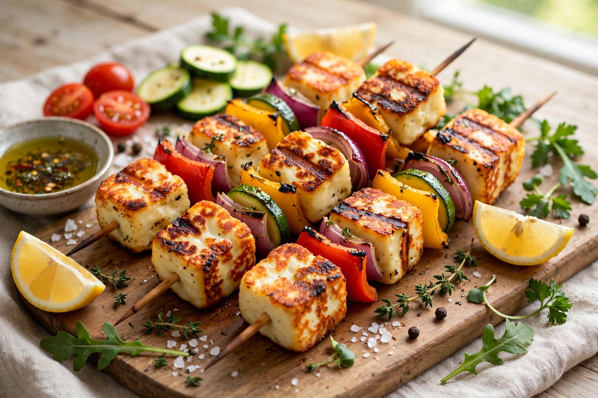 Halloumi and veggie skewers grilled