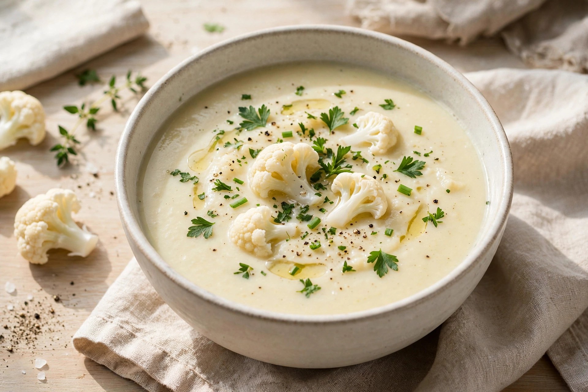Creamy cauliflower soup with herbs
