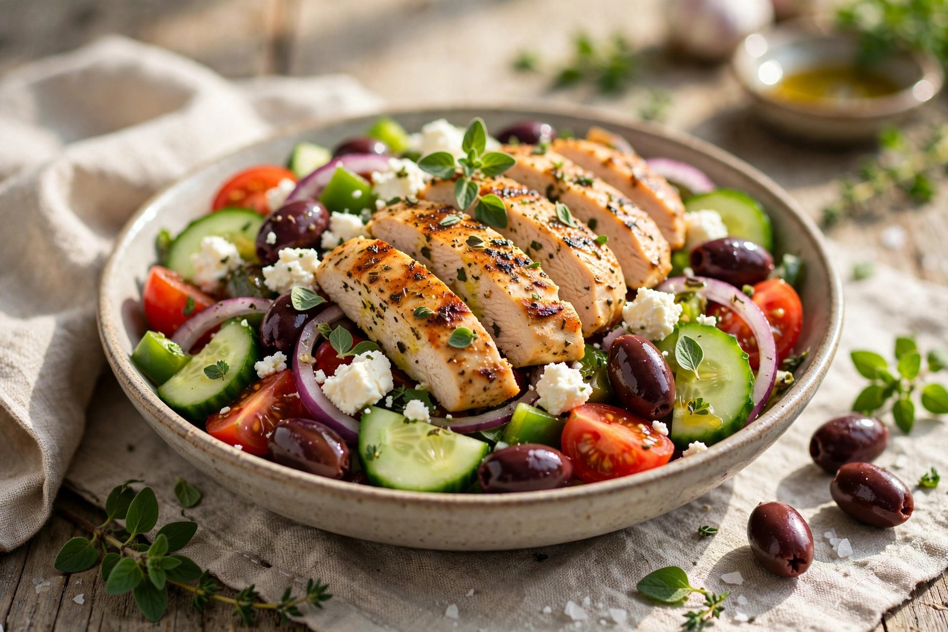 Greek salad with chicken olives and feta
