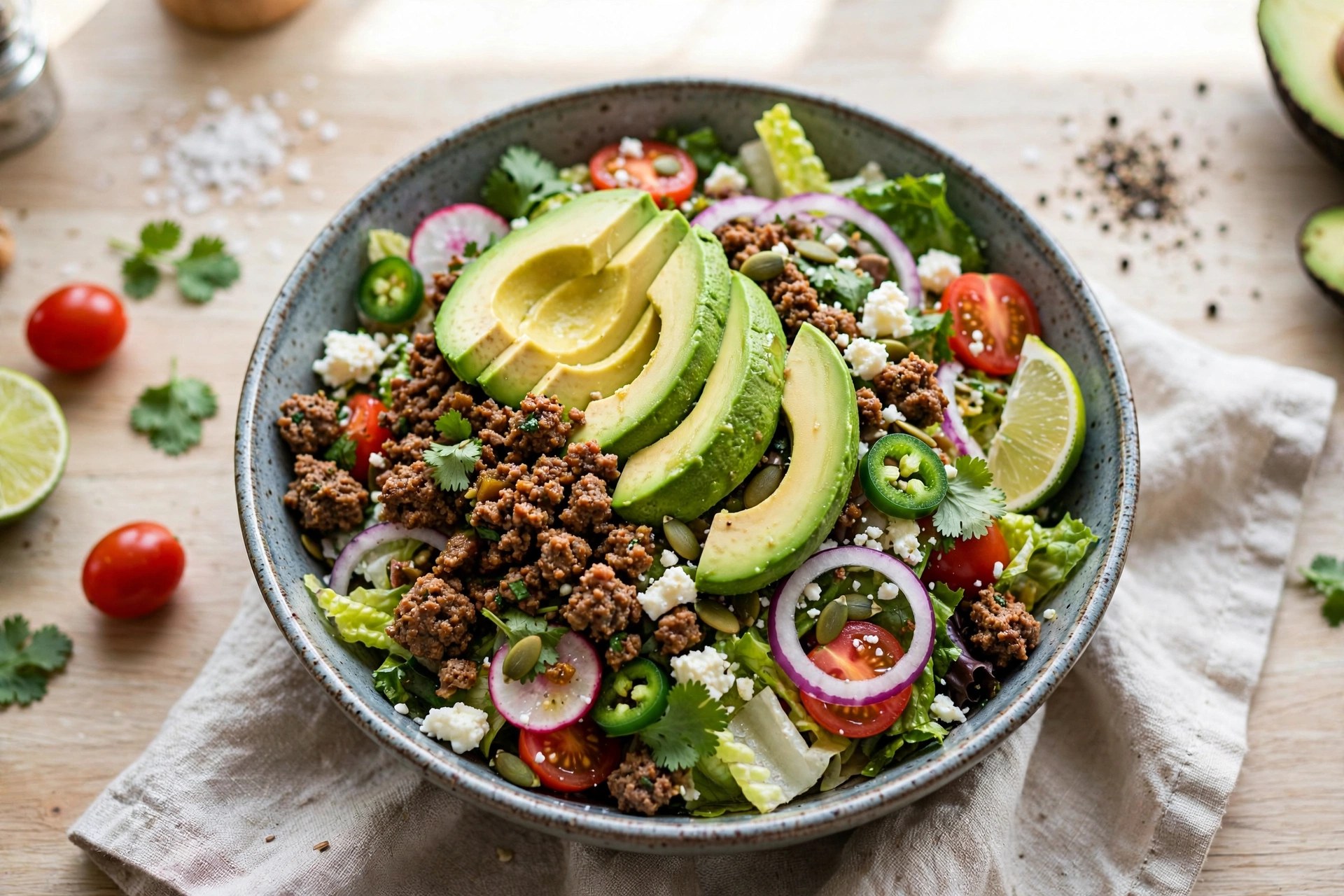 Taco salad with beef and avocado