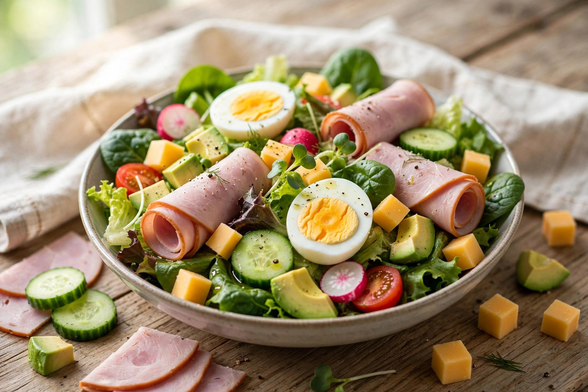 Low carb chef's salad with turkey and eggs