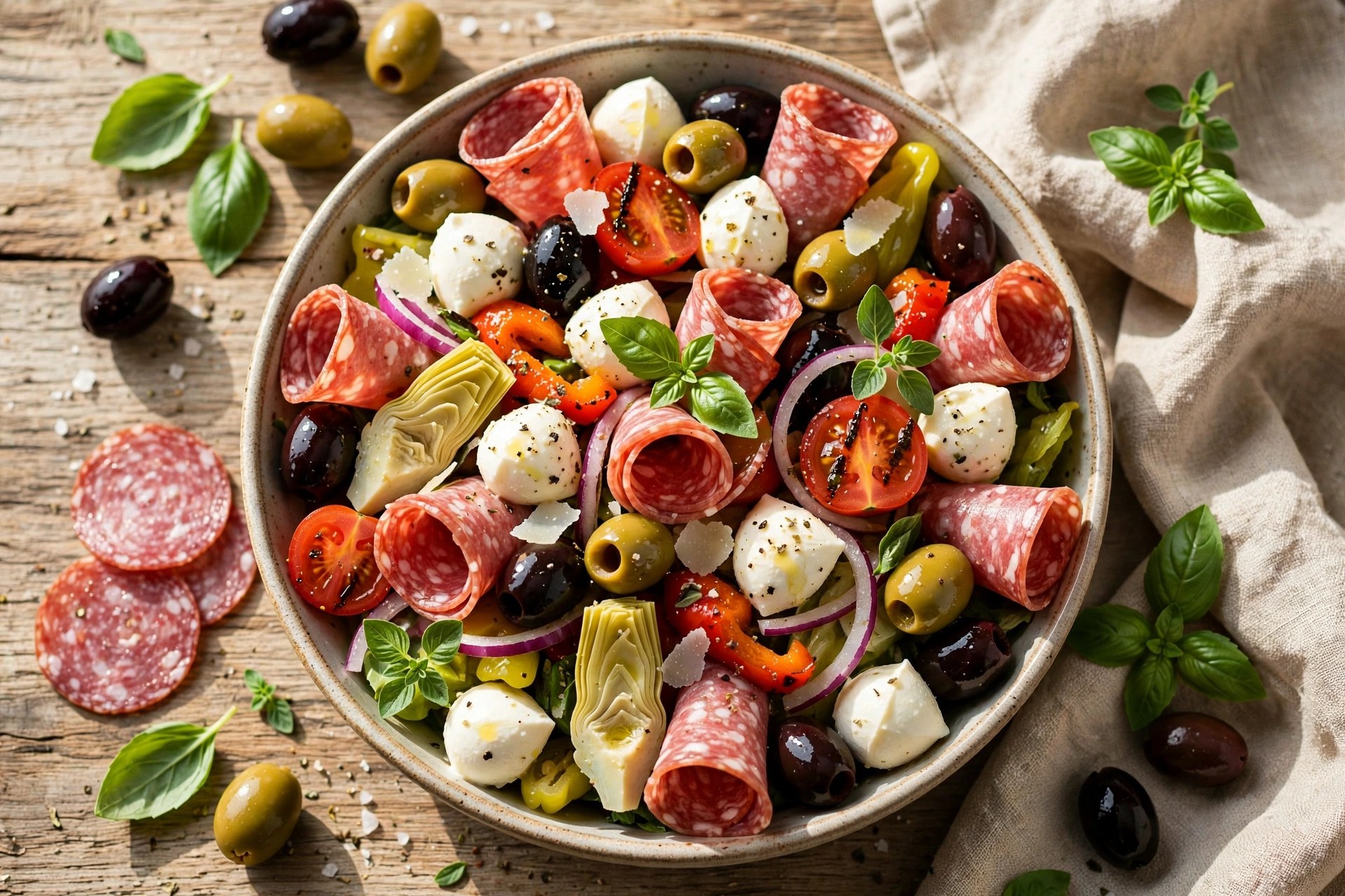 Antipasto salad with salami and cheese