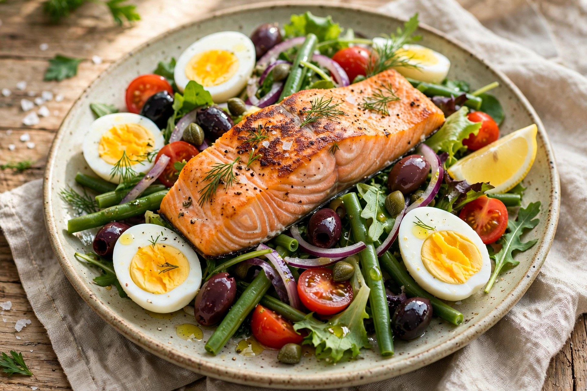 Salmon niçoise salad with eggs and olives