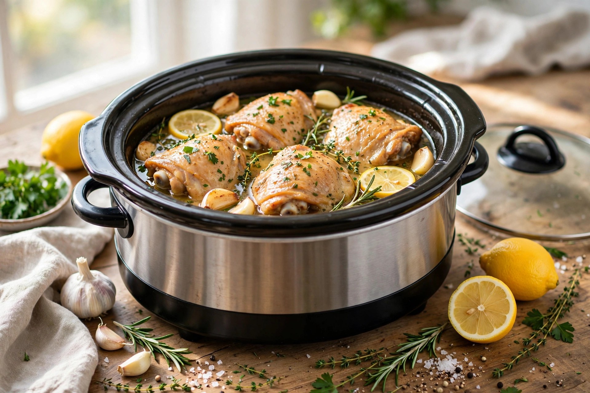 Slow cooker chicken thighs with lemon garlic