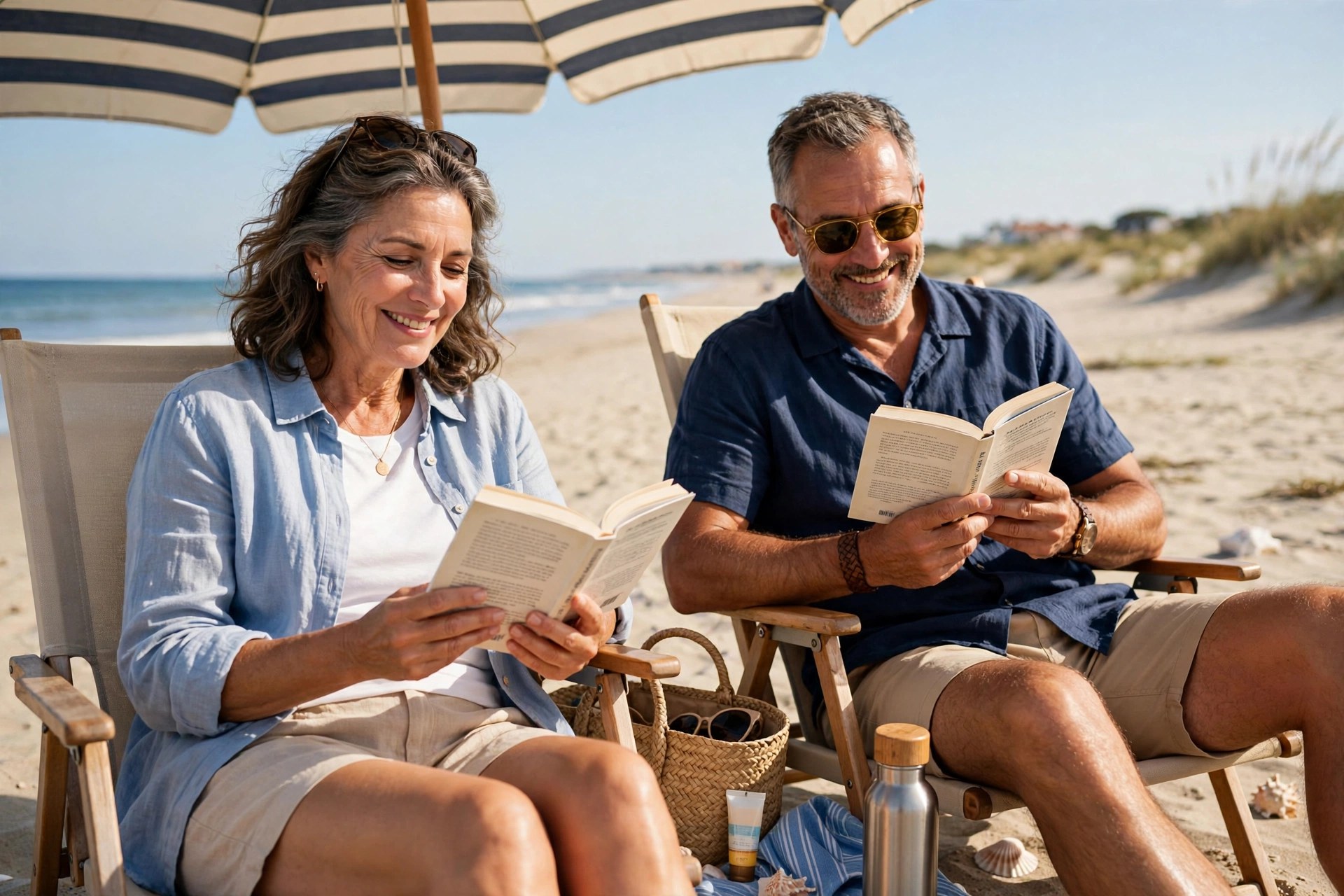 Mature couple relaxing on a classic beach day with umbrella