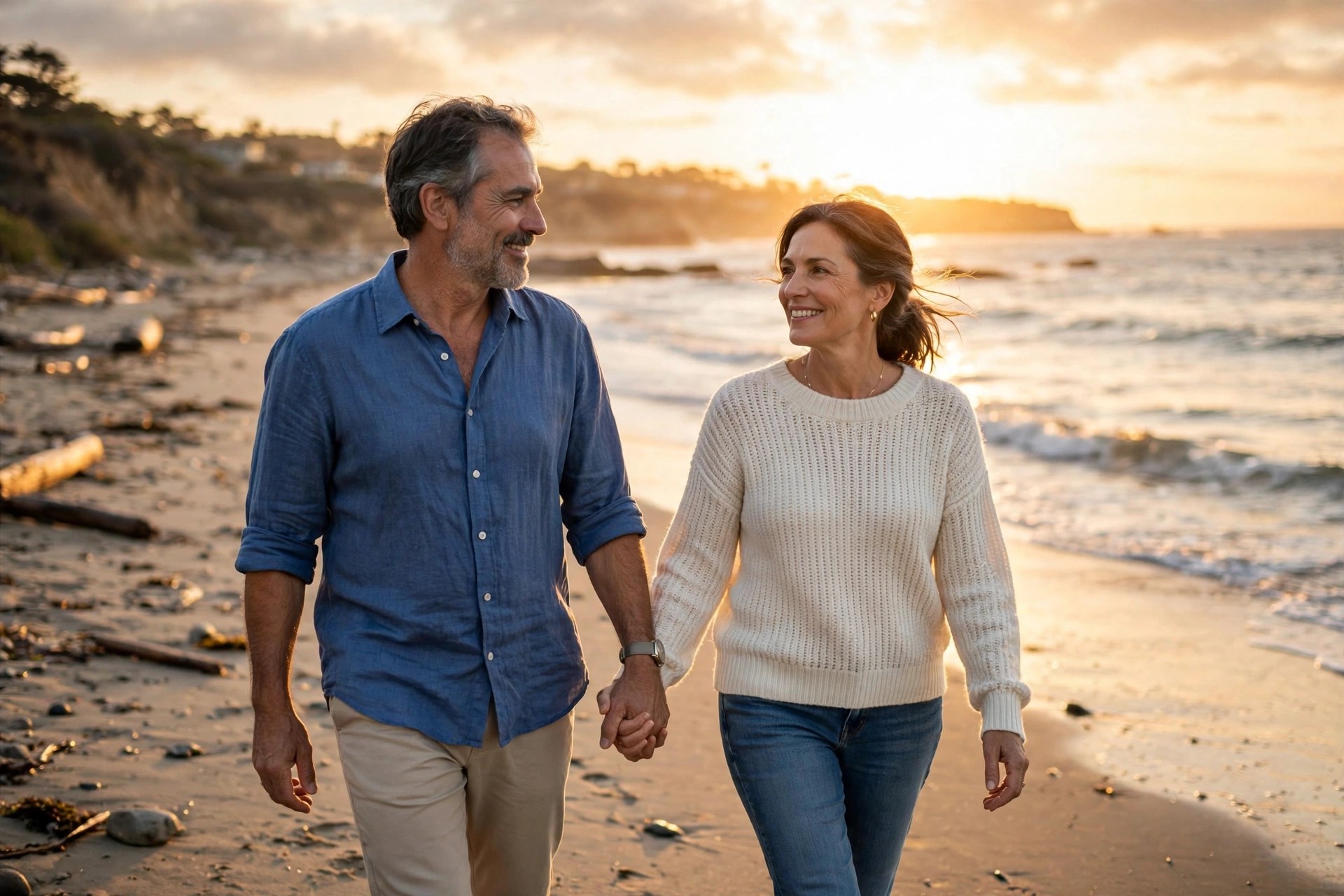 Mature couple walking hand in hand on a beach at sunset