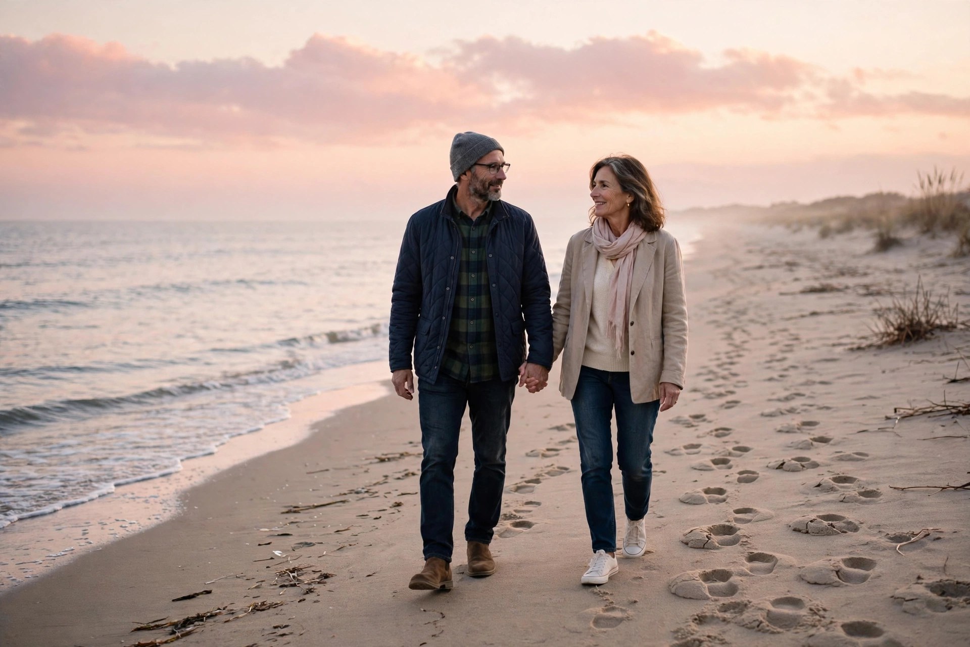 Mature couple on a quiet sunrise beach stroll in pink light