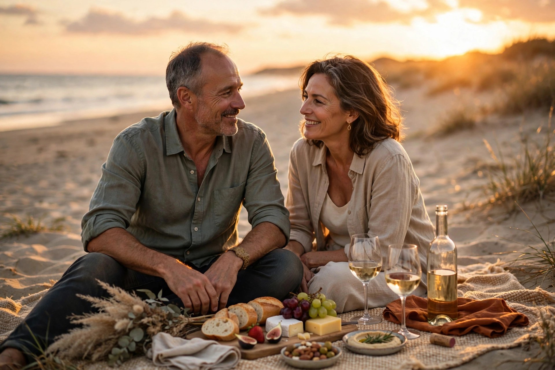 Mature couple having a sunset beach picnic with wine